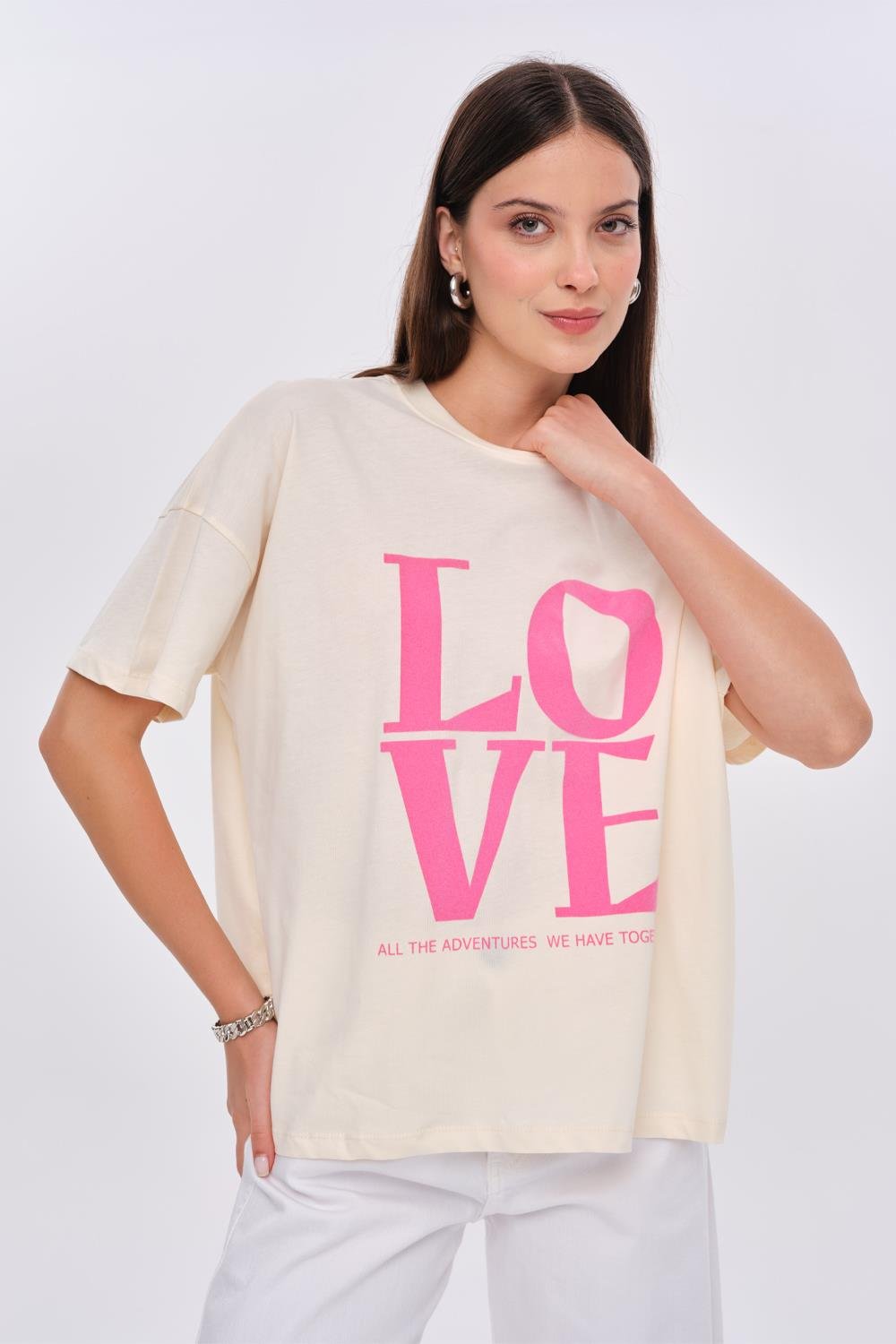 Crew Neck Cream T-Shirt with Pink Love Printed Detail for Women