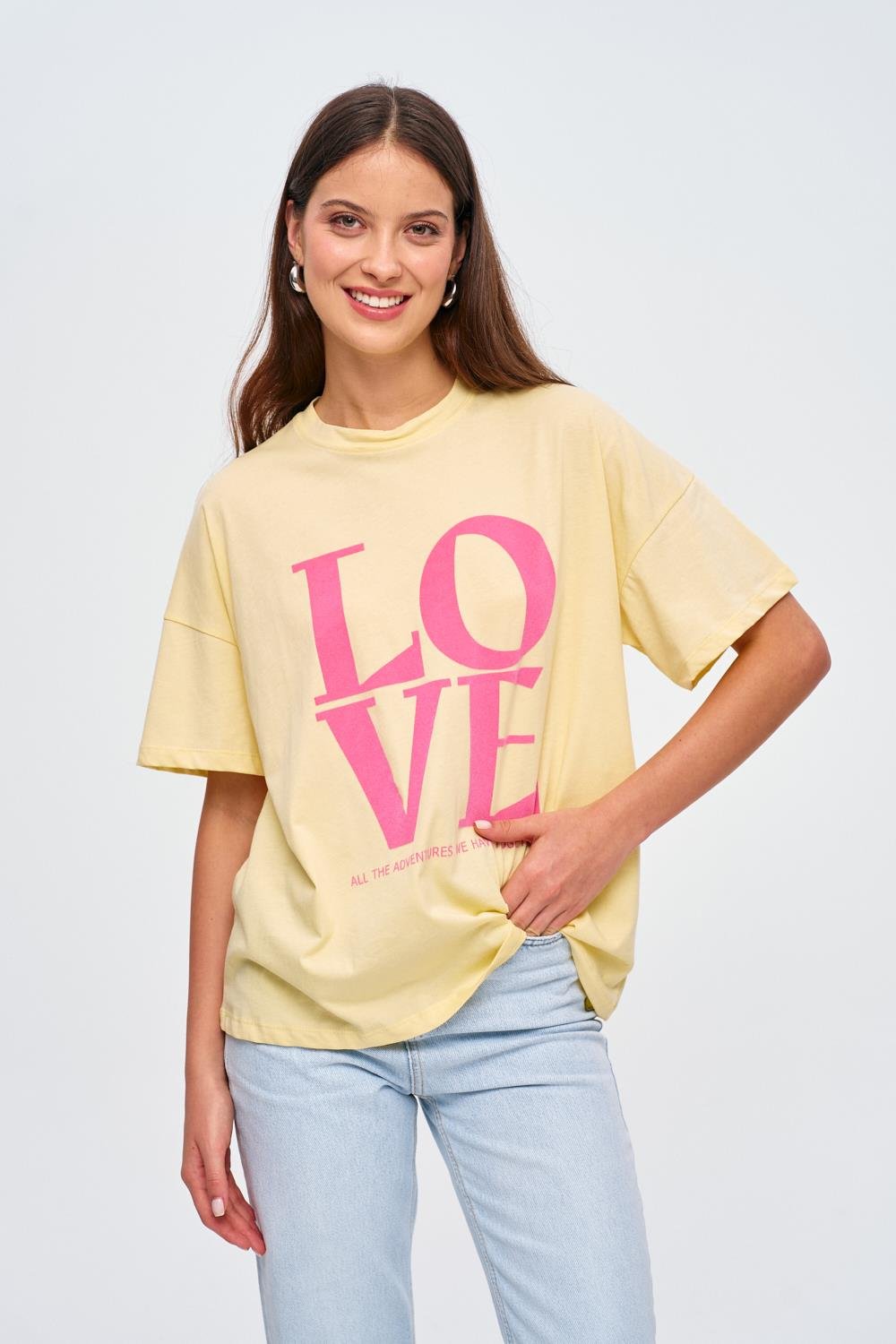 Crew Neck Yellow T-Shirt with Pink Love Printed Detail for Women