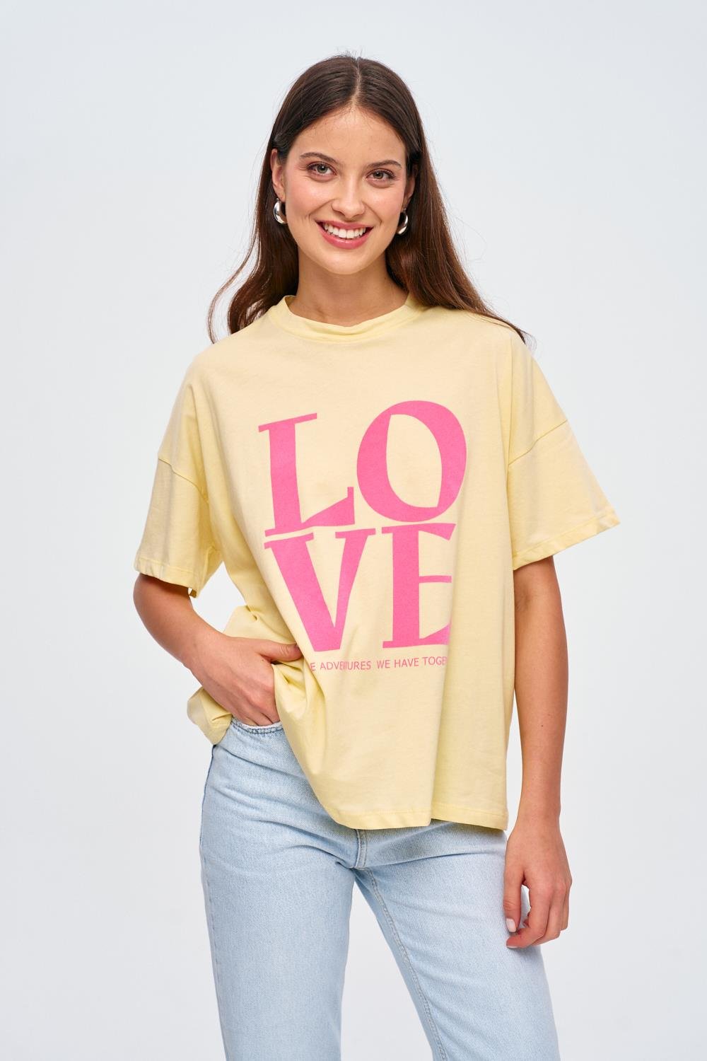 Crew Neck Yellow T-Shirt with Pink Love Printed Detail for Women