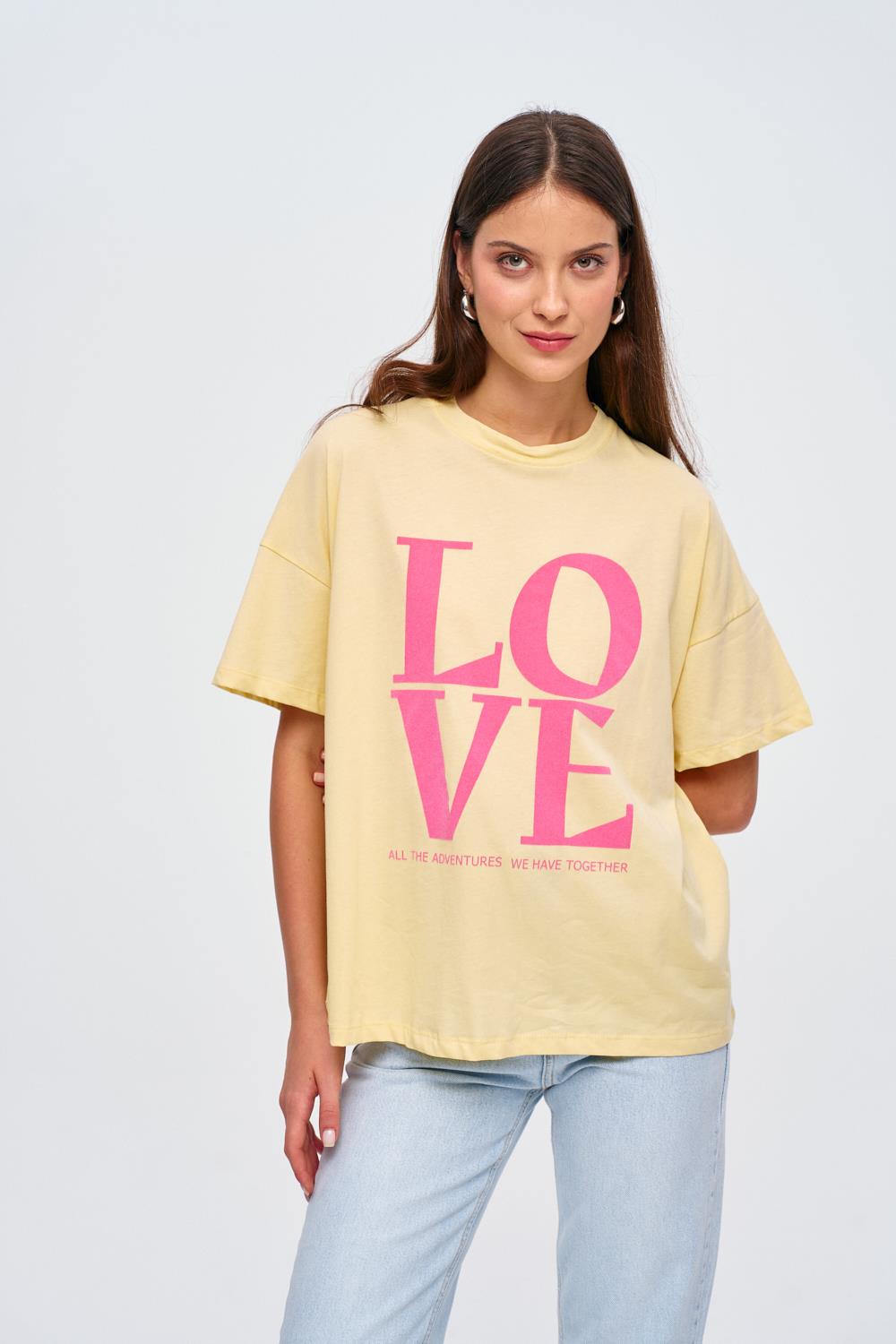 Crew Neck Yellow T-Shirt with Pink Love Printed Detail for Women