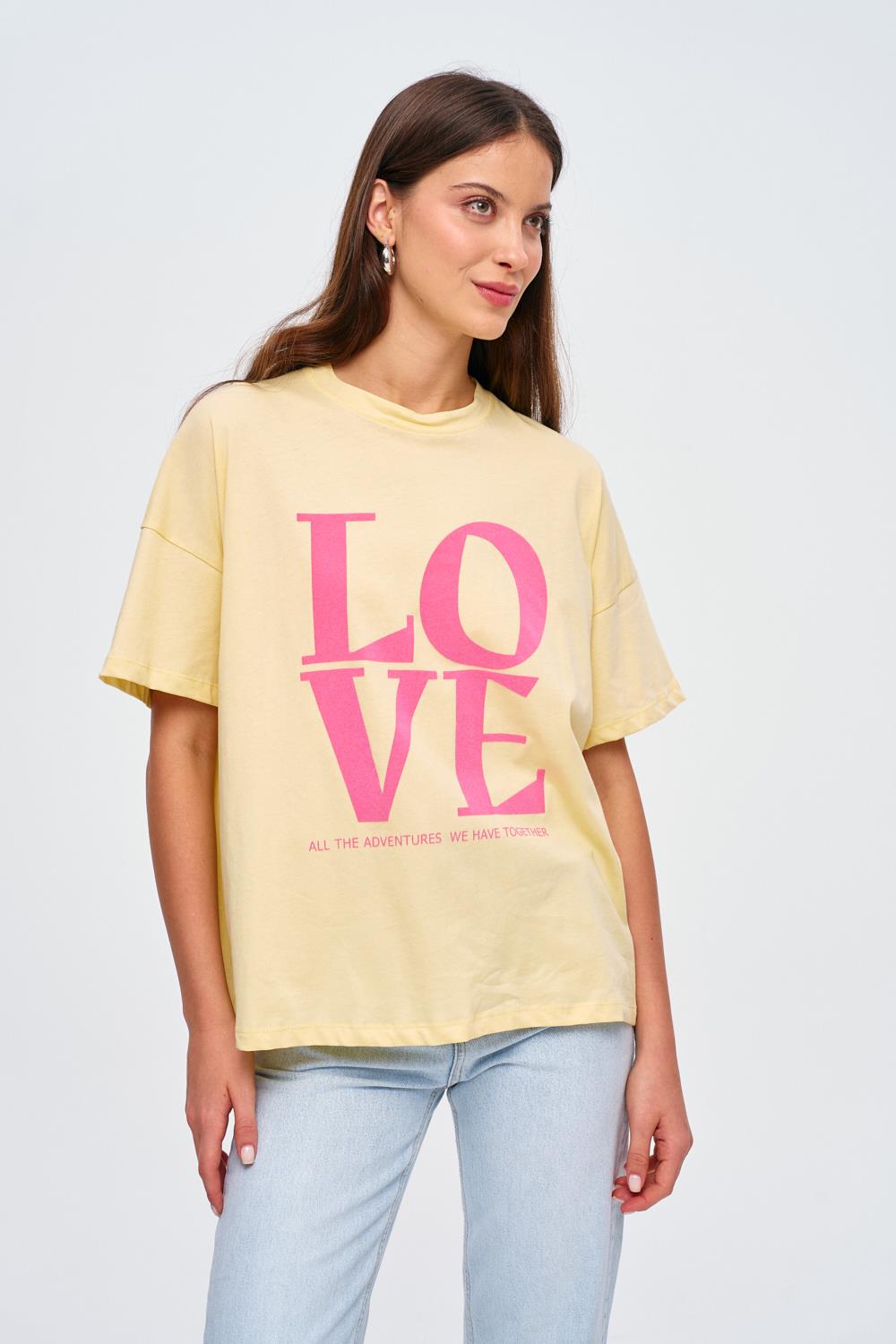 Crew Neck Yellow T-Shirt with Pink Love Printed Detail for Women