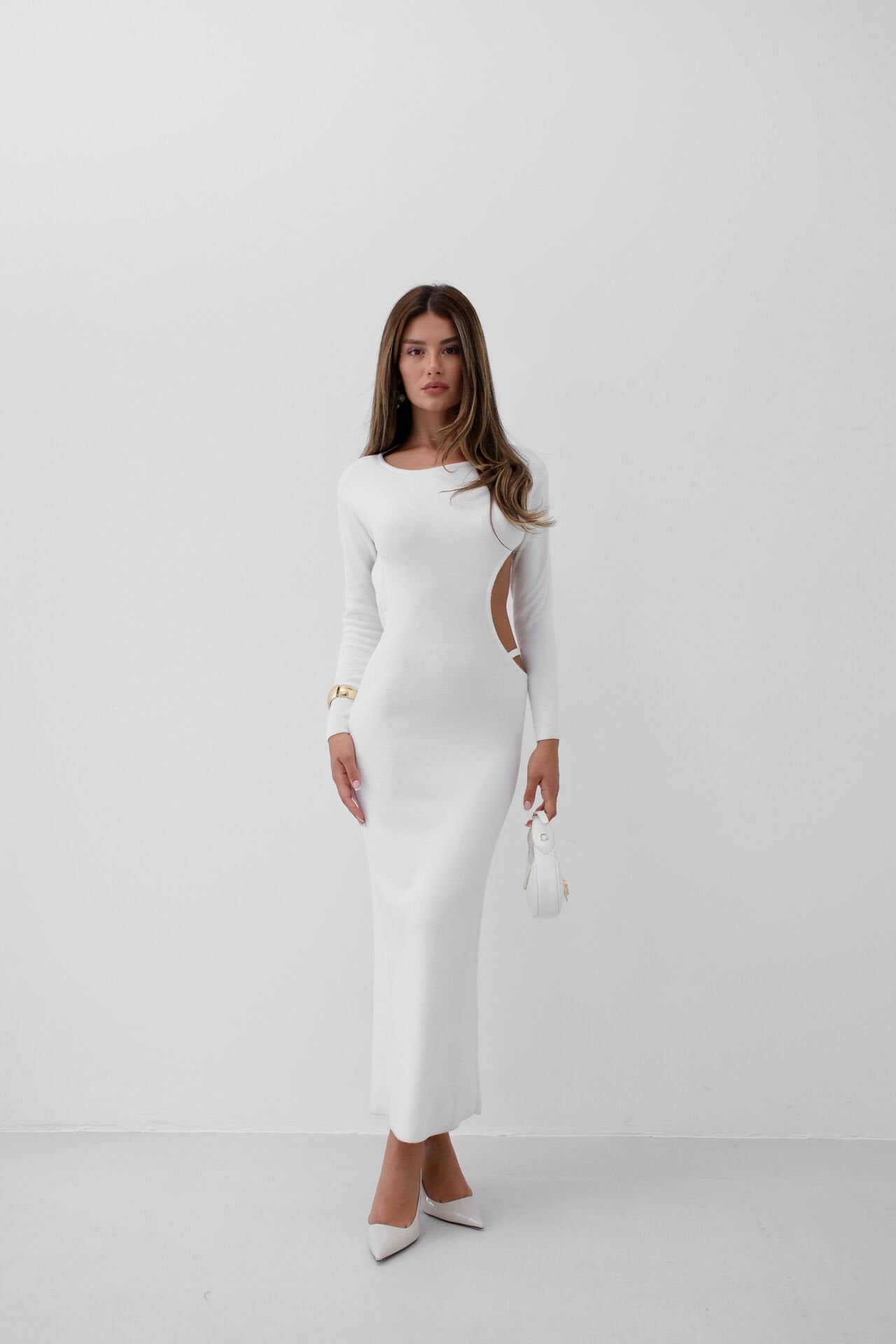 Backless Crew Neckline White Maxi Dress with Slit Detail