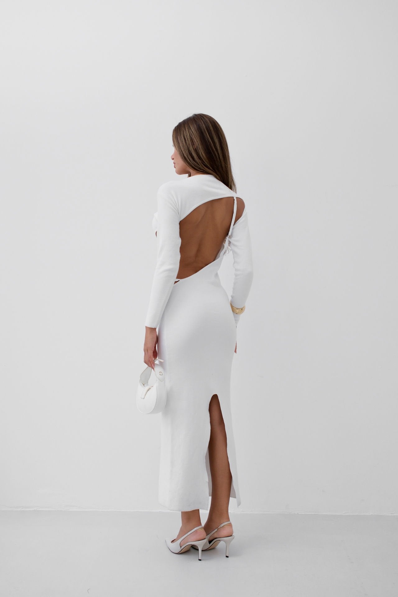 Backless Crew Neckline White Maxi Dress with Slit Detail