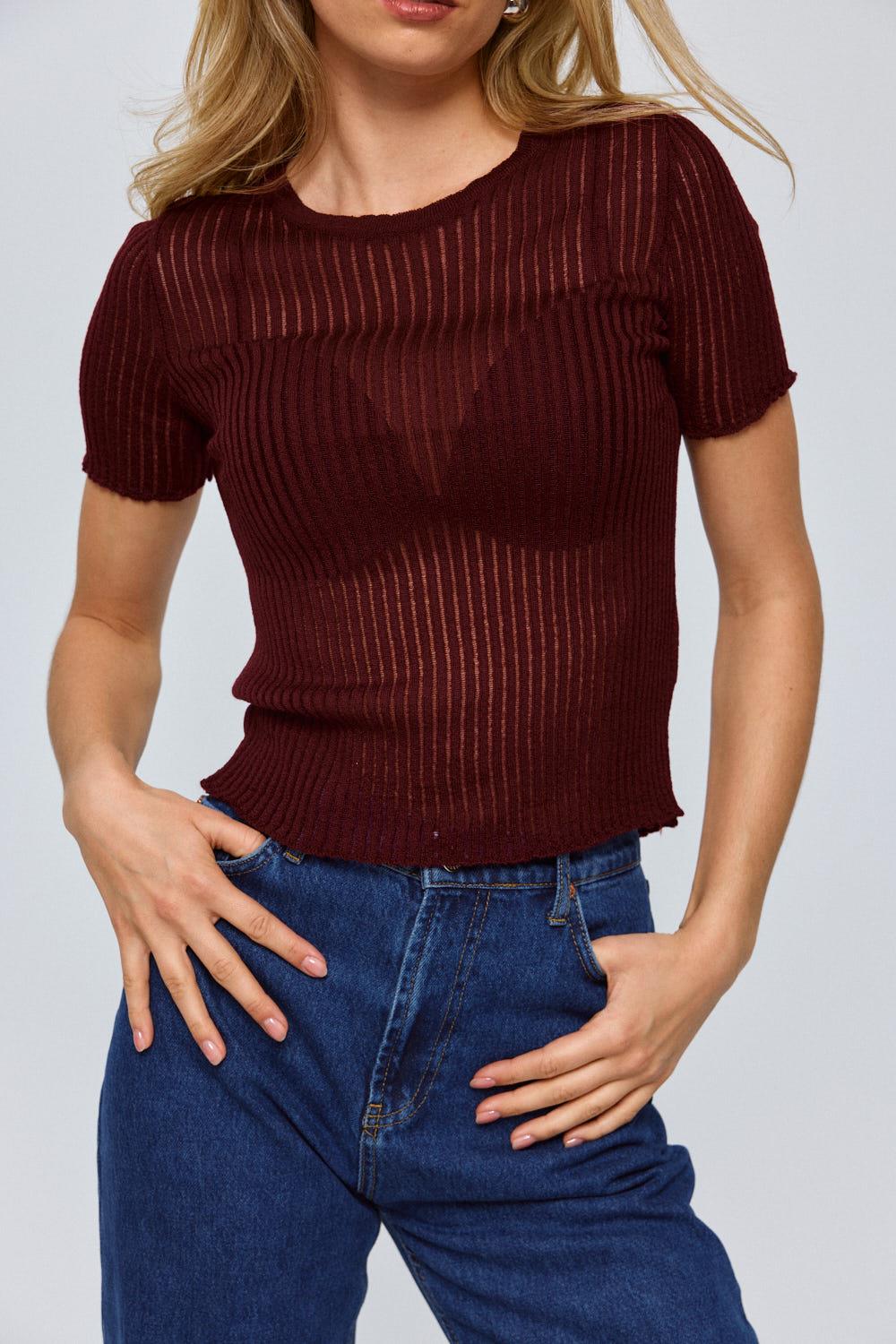 Transparent Crew Necklined Claret Red Short Sleeved Blouse with Knitted Design for Women