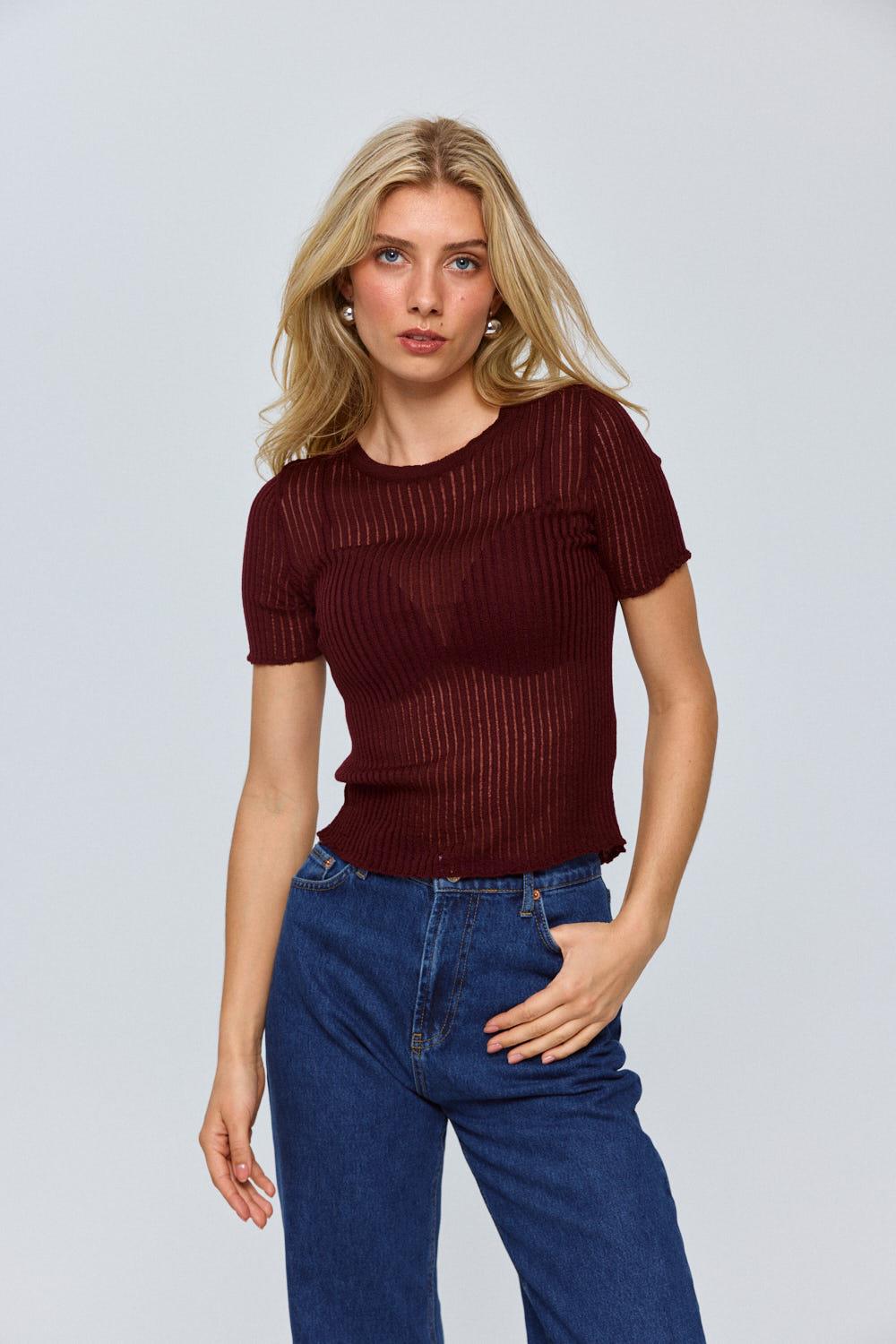 Transparent Crew Necklined Claret Red Short Sleeved Blouse with Knitted Design for Women