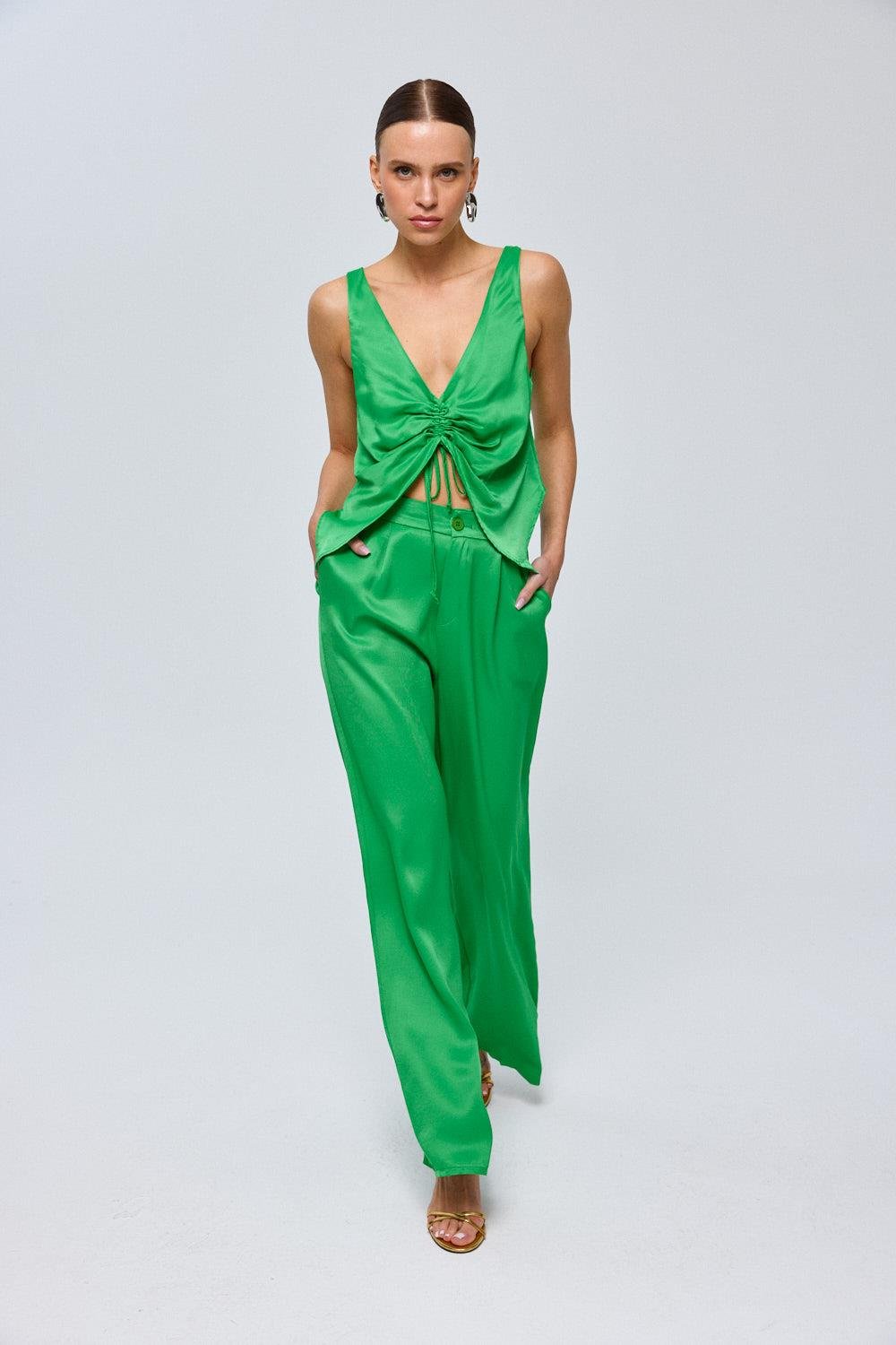 Trousers Satin Green Women's Suit with V-Shaped Blouse