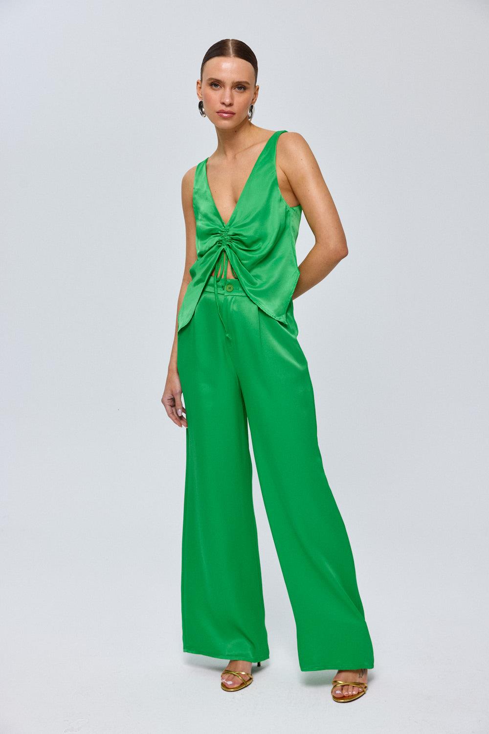 Trousers Satin Green Women's Suit with V-Shaped Blouse