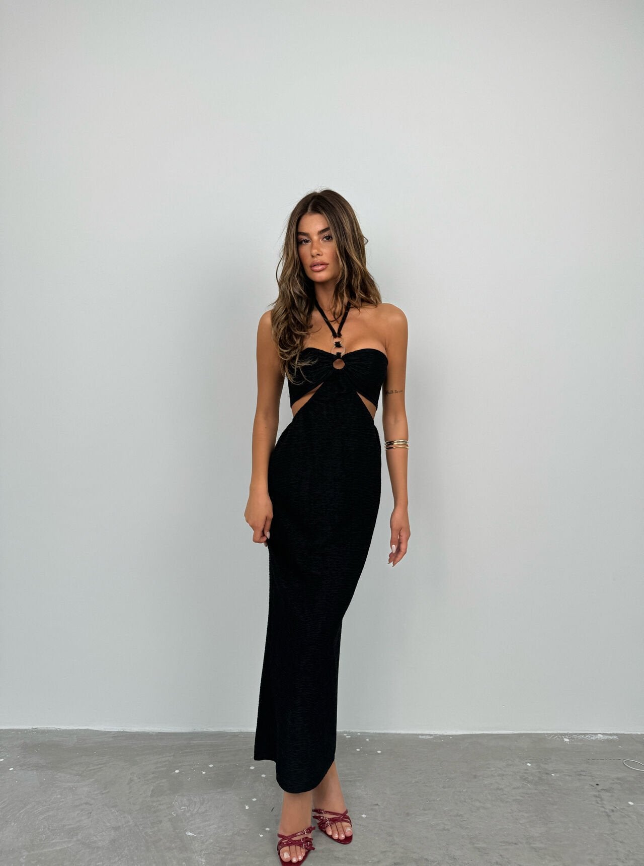 Neck Tie Black Maxi Dress