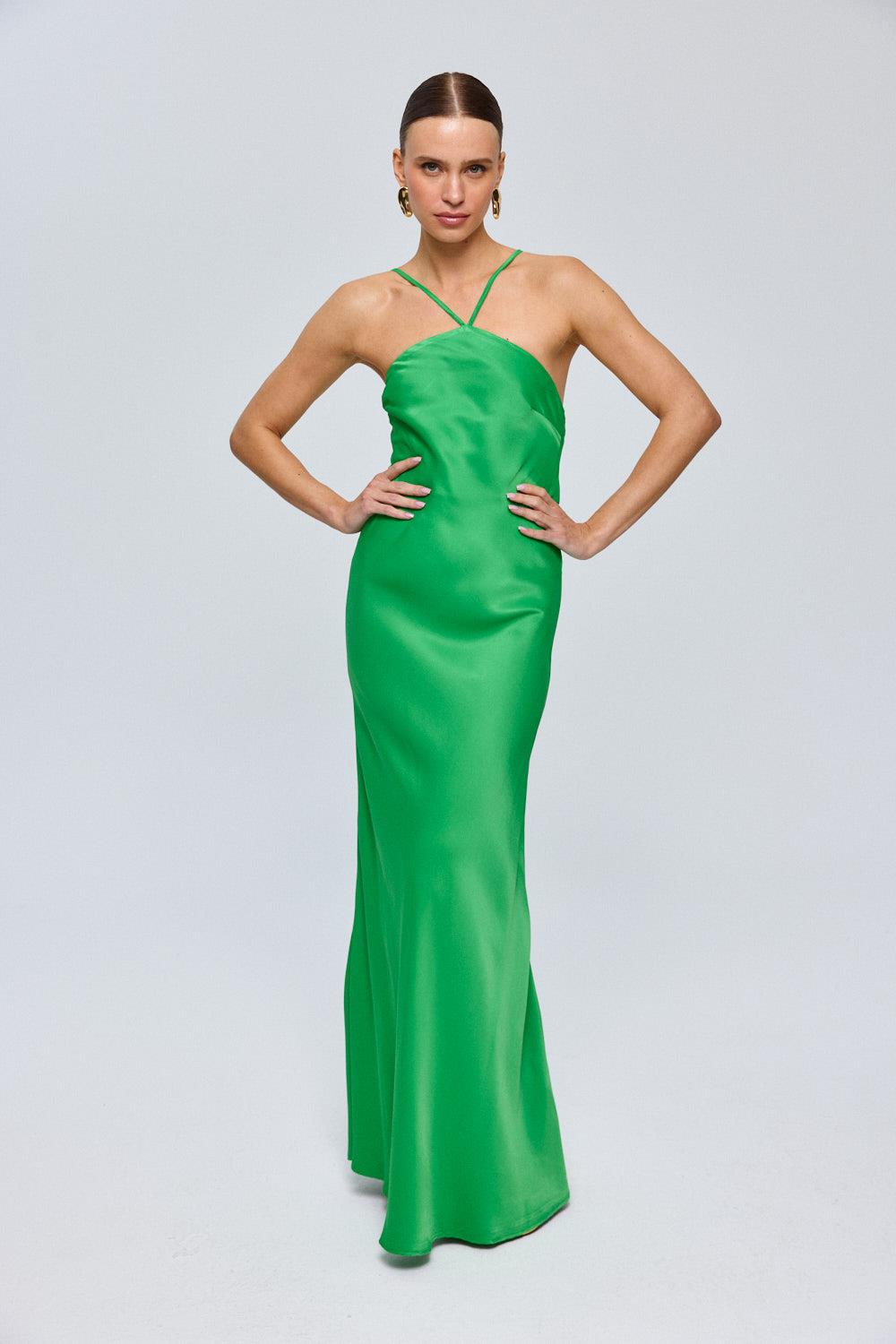 Halter Neckline Satin Green Maxi Dress