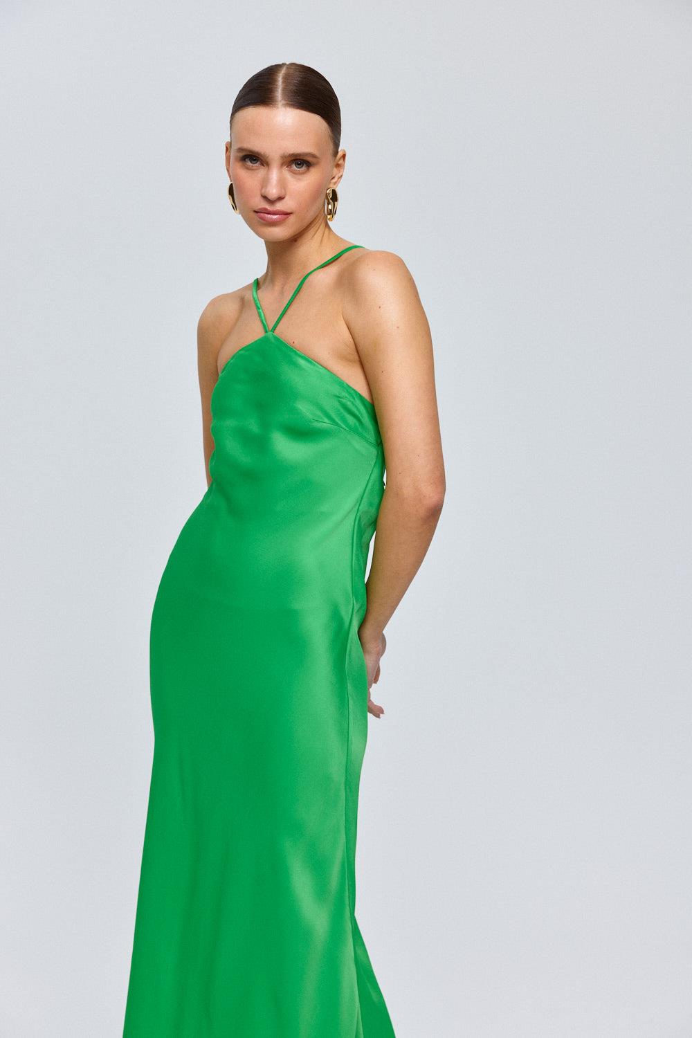 Halter Neckline Satin Green Maxi Dress