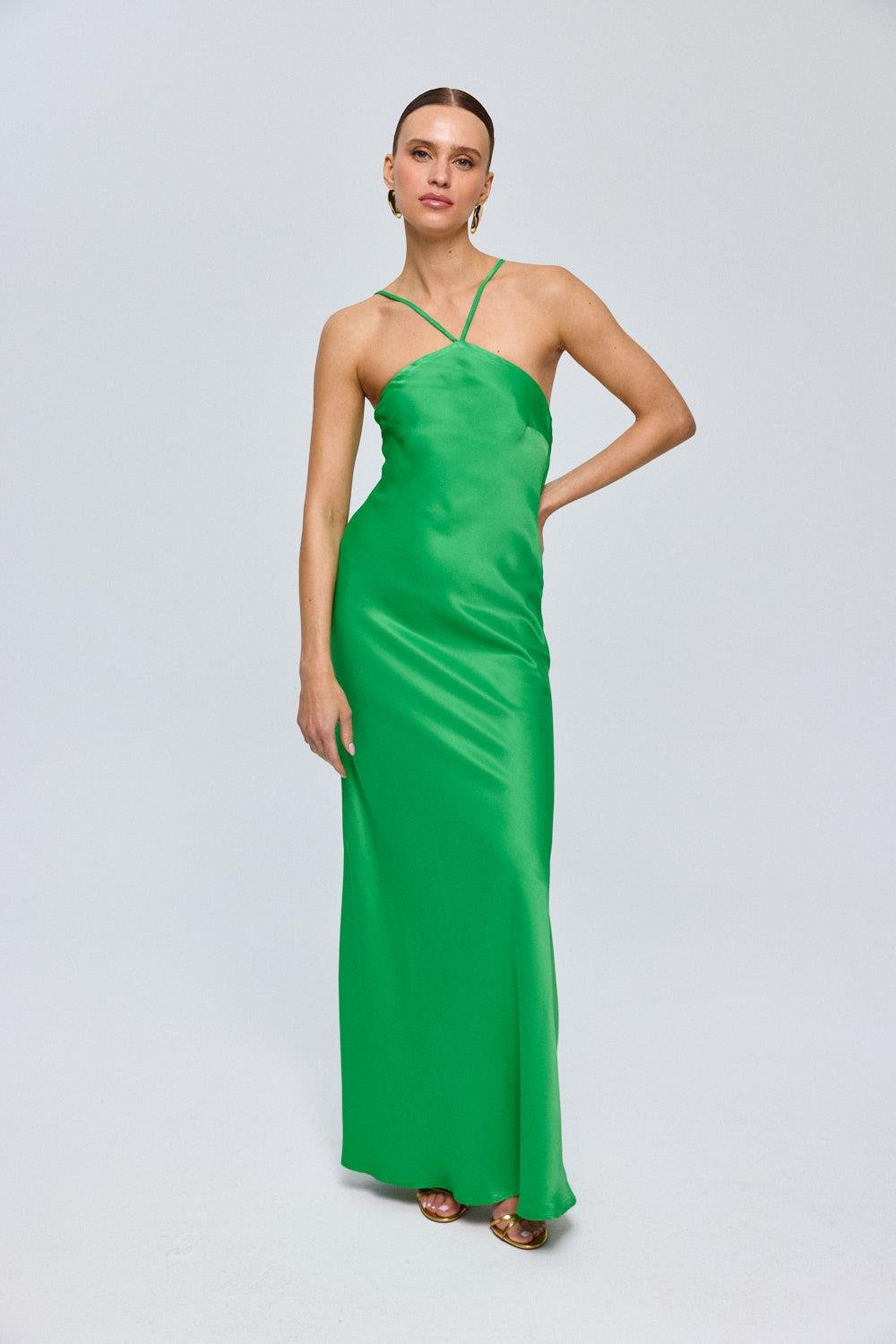 Halter Neckline Satin Green Maxi Dress