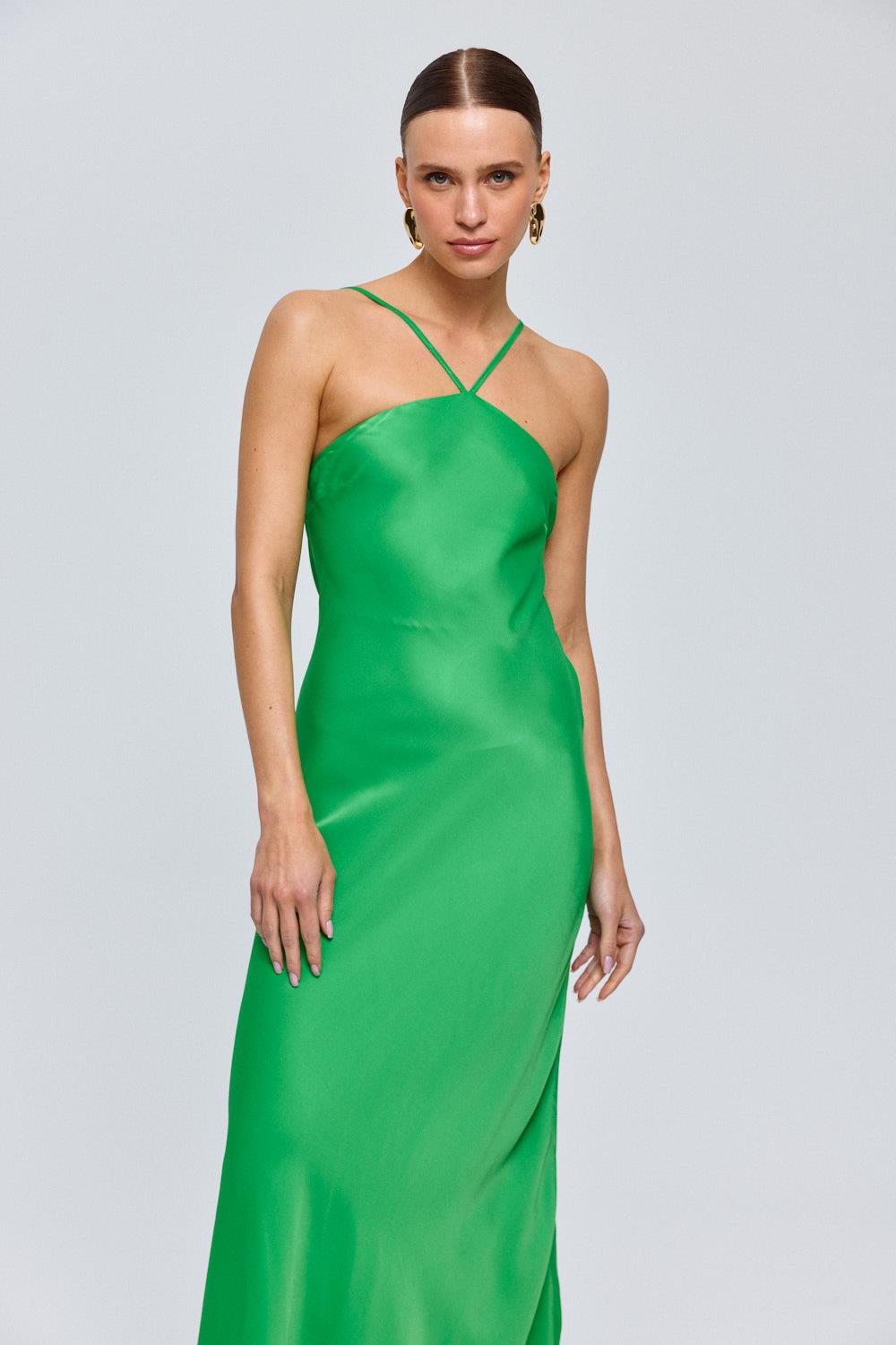 Halter Neckline Satin Green Maxi Dress