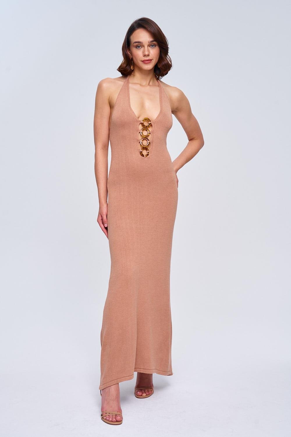 Halter Neckline Light Brown Maxi Knitwear Dress