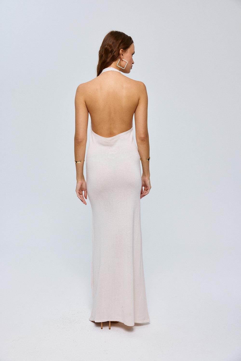 Backless Stone Maxi Knitwear Dress with Halter Neckline