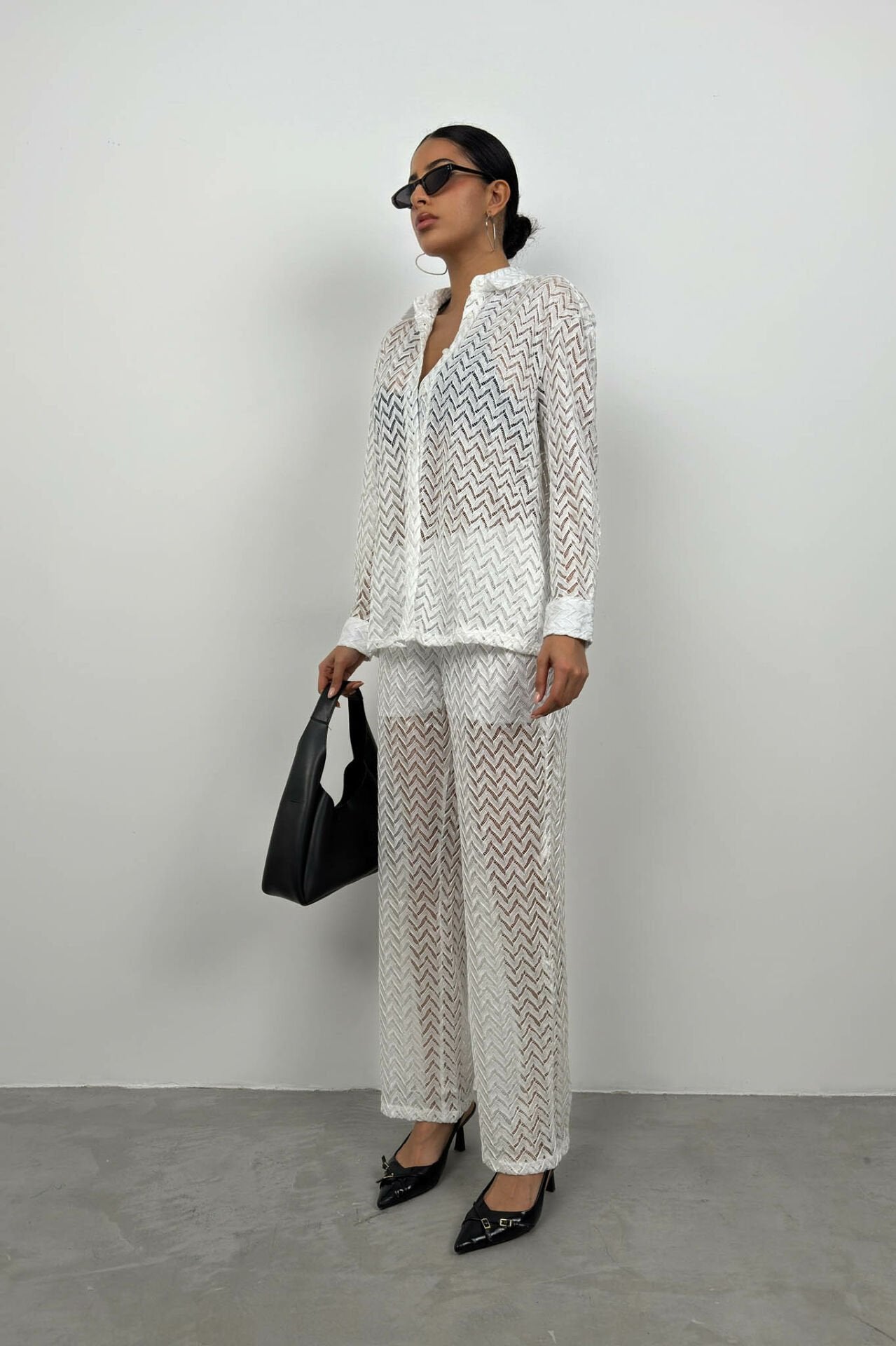 Embroidered Detailed White Trousers Set for Women