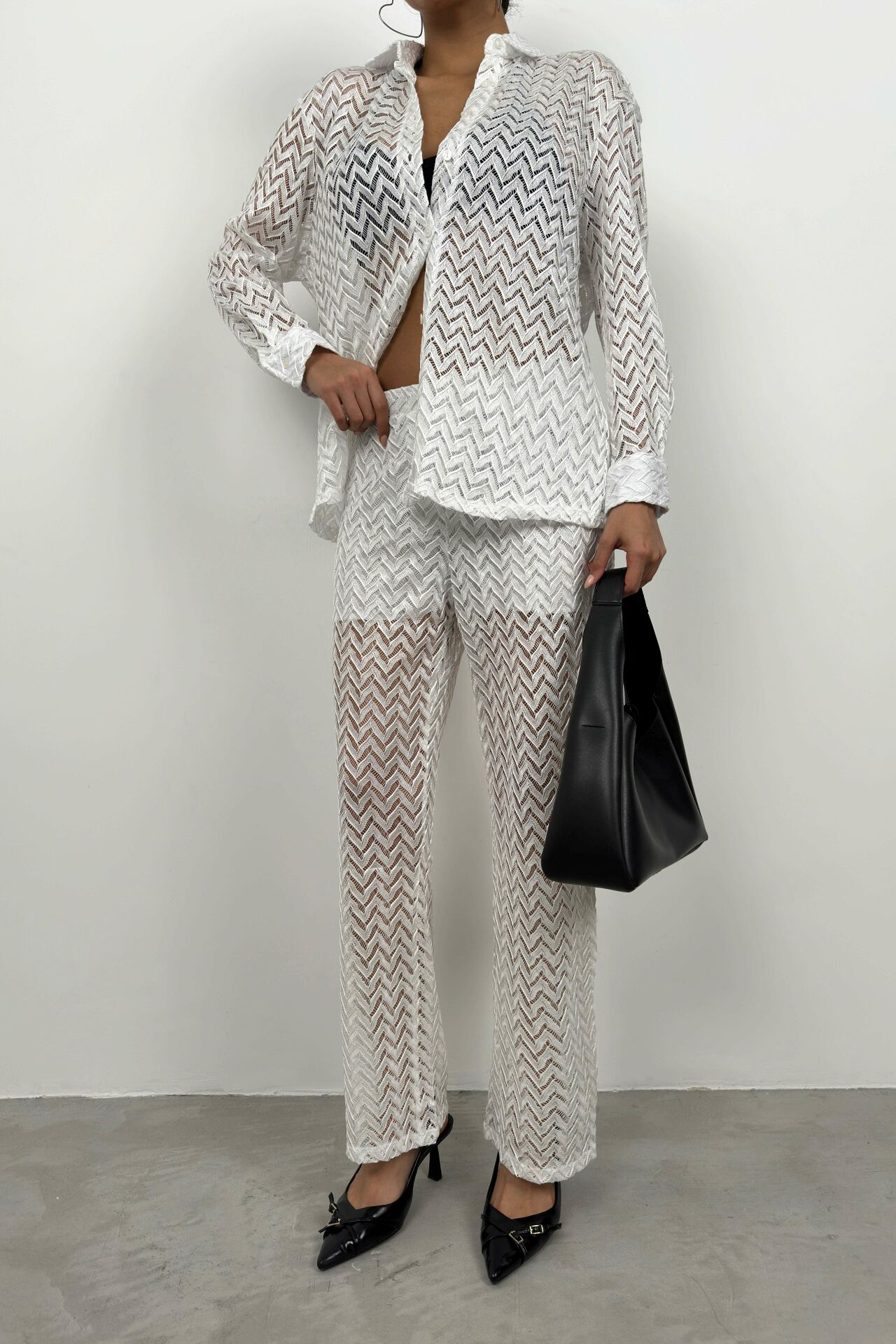 Embroidered Detailed White Trousers Set for Women