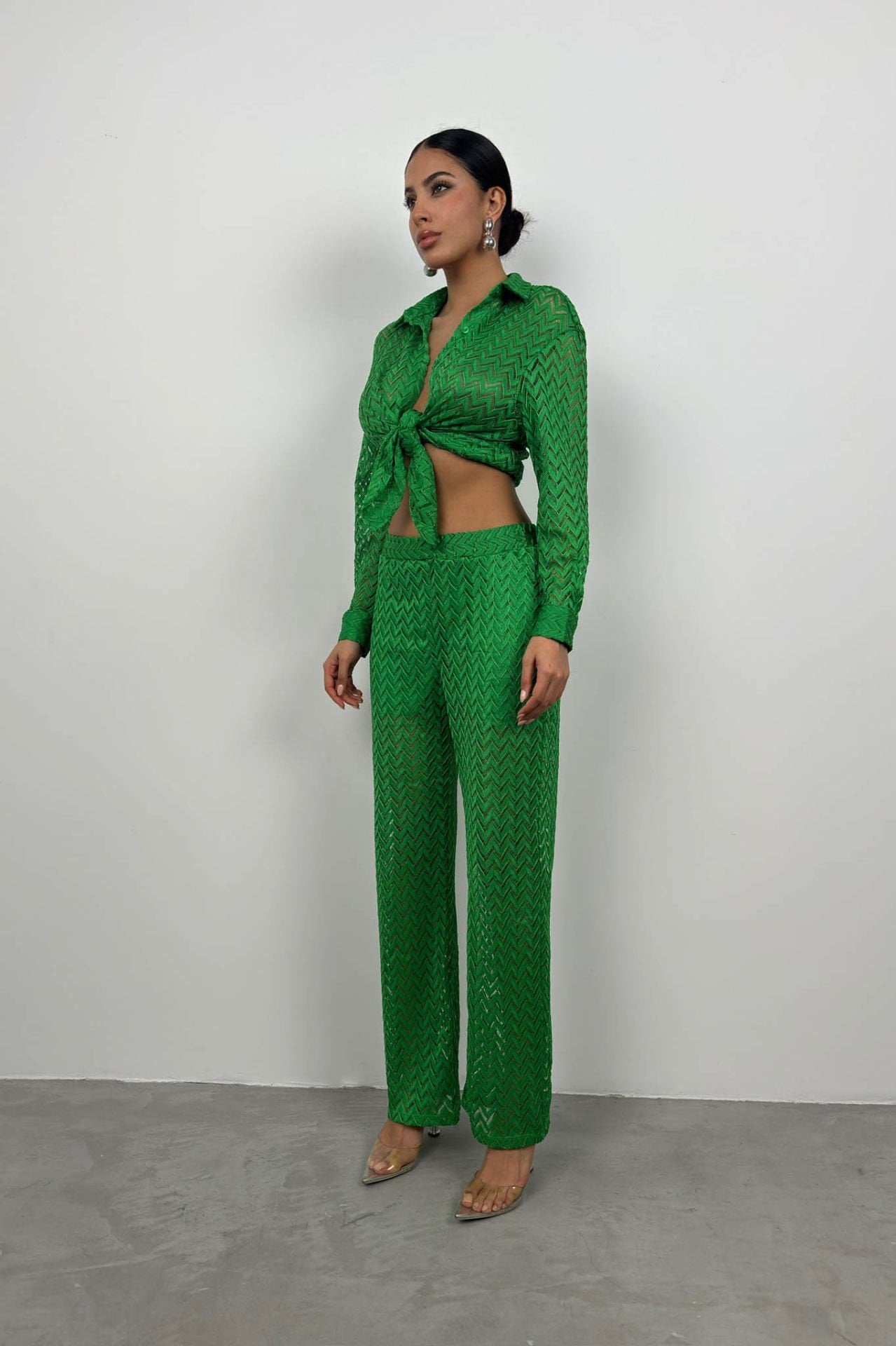 Drawstring Detailed Embroidery Green Trouser Set for Women