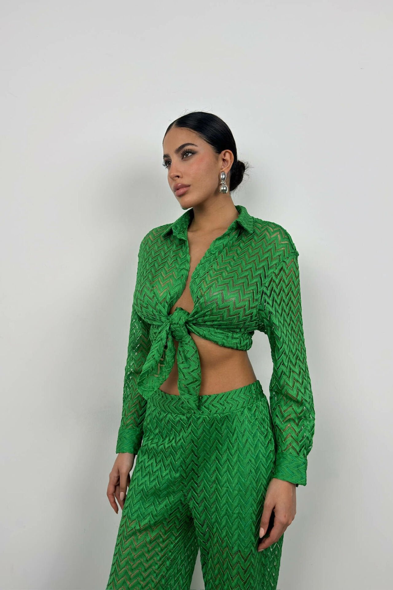 Drawstring Detailed Embroidery Green Trouser Set for Women