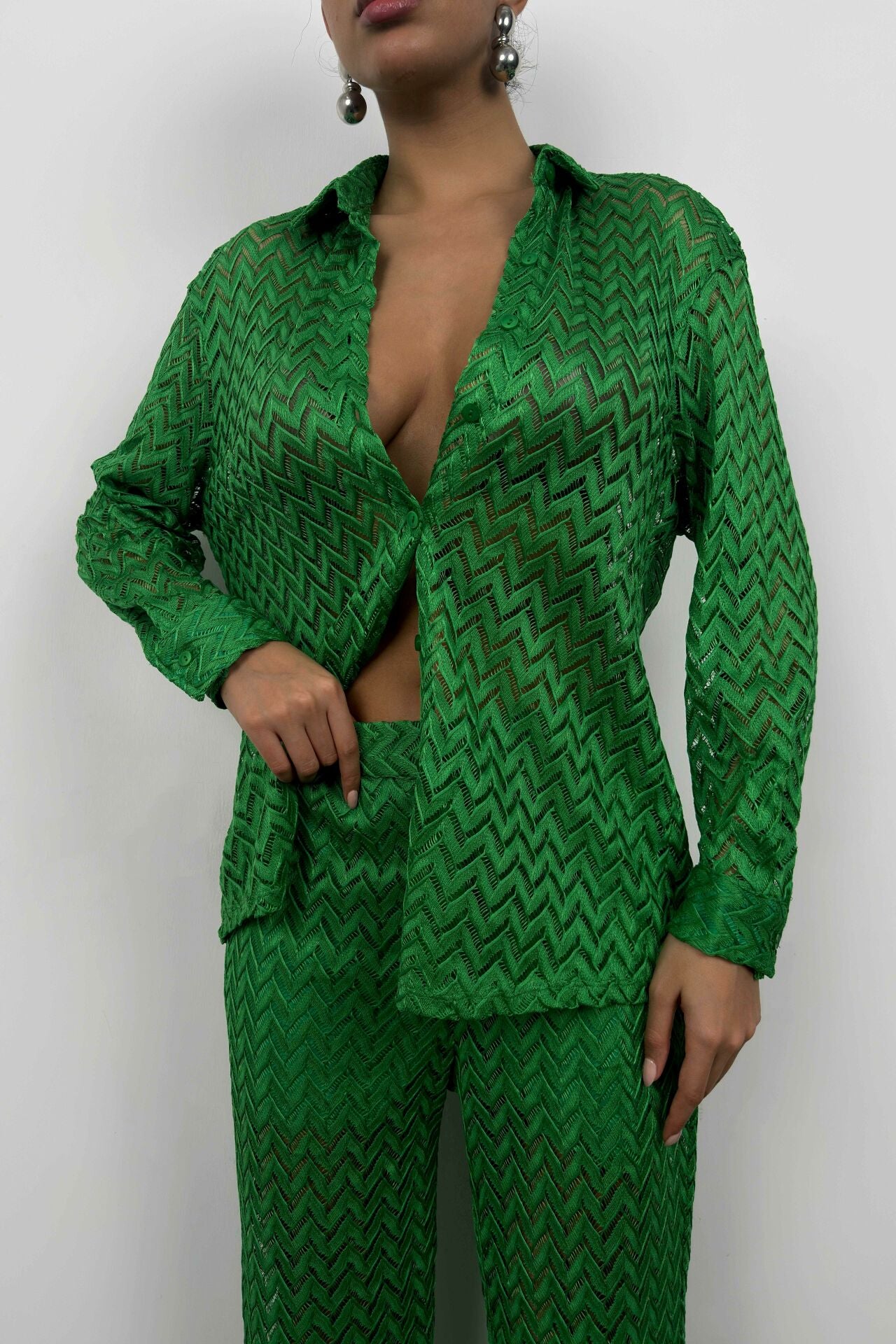 Drawstring Detailed Embroidery Green Trouser Set for Women