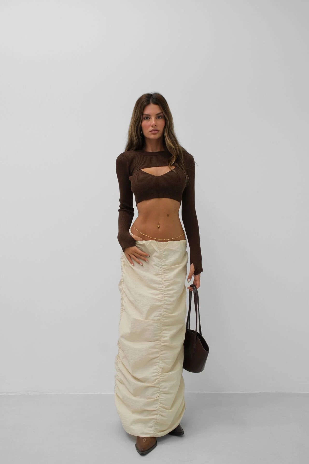 Gather Detail Beige Maxi Skirt