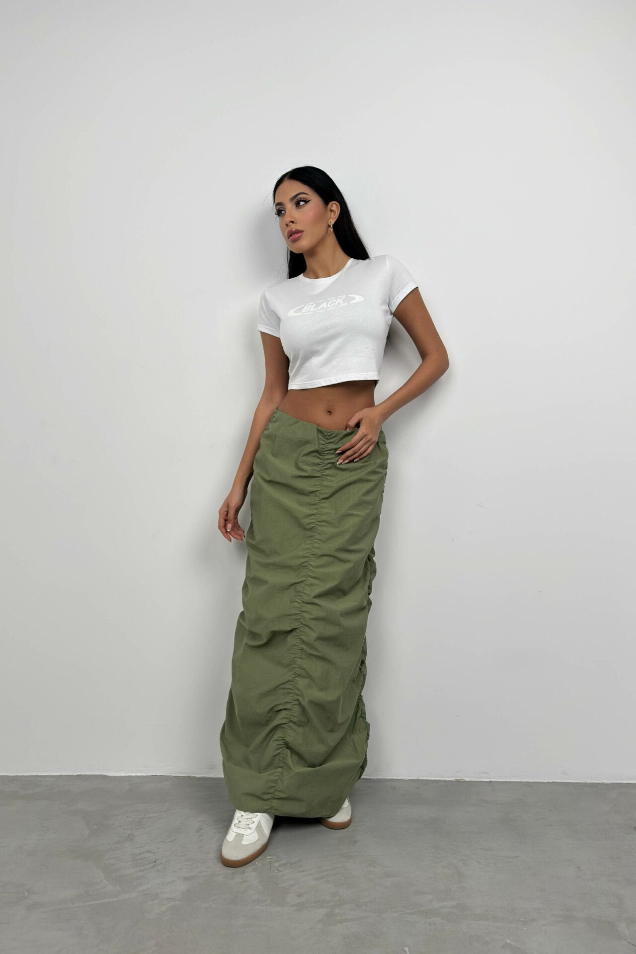 Ruffle Detail Khaki Maxi Skirt