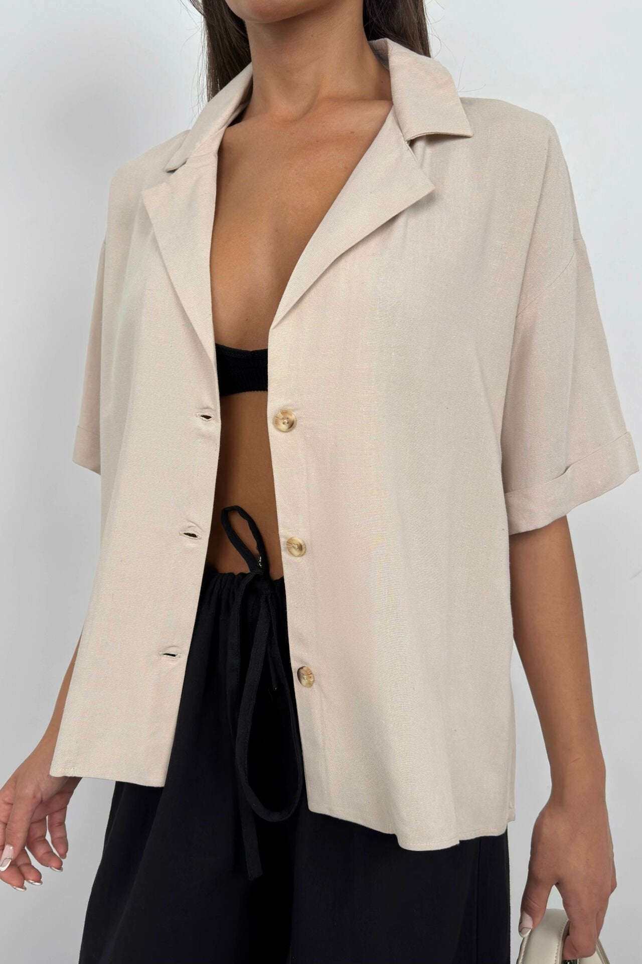 Button-Front Beige Linen Jacket for Women