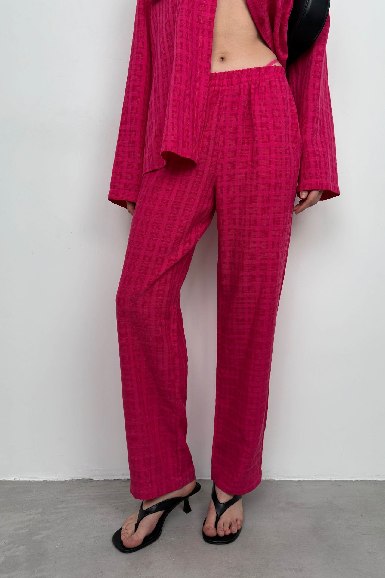 Fuchsia Shirt and Trousers Double Set with Pockets