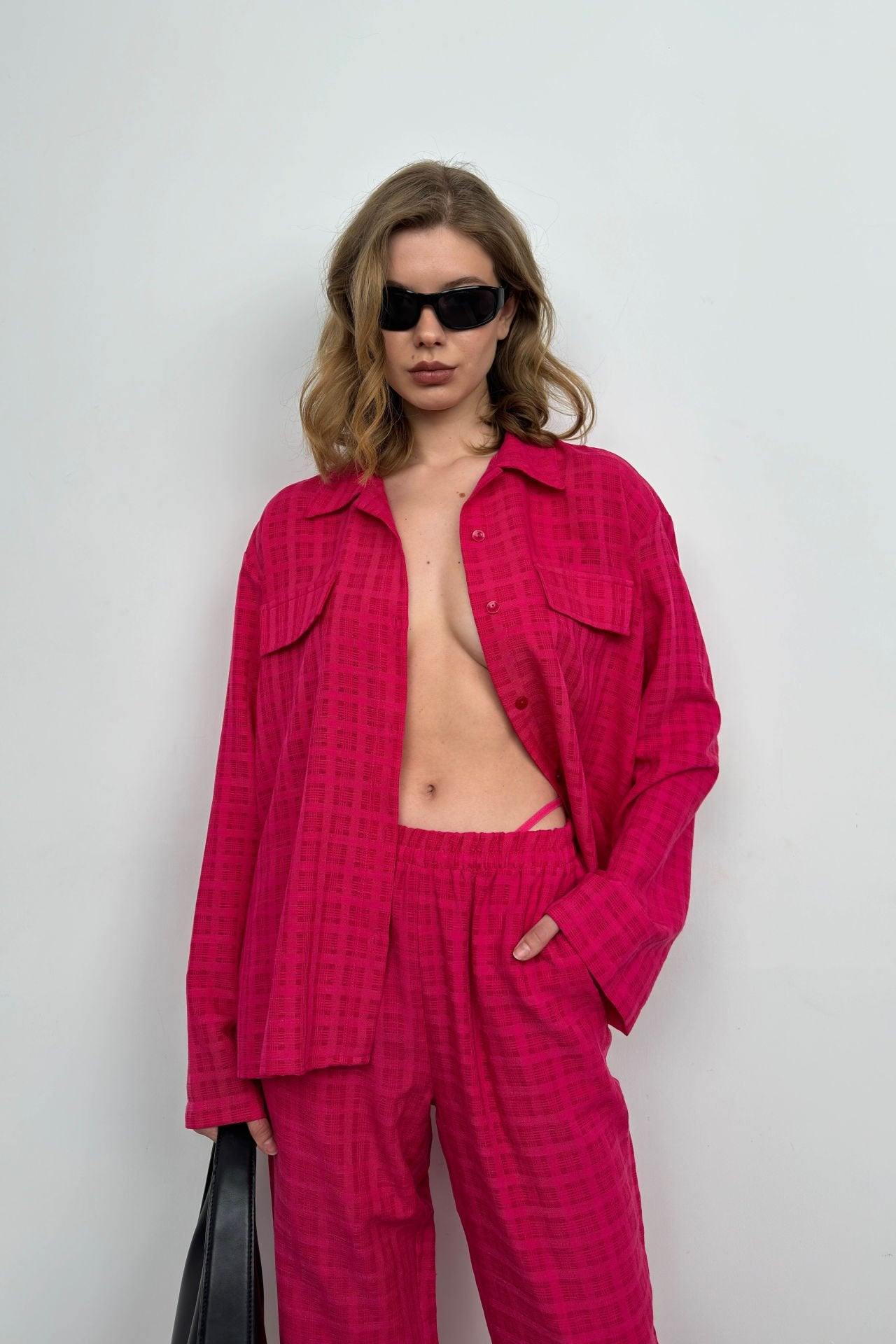 Fuchsia Shirt and Trousers Double Set with Pockets