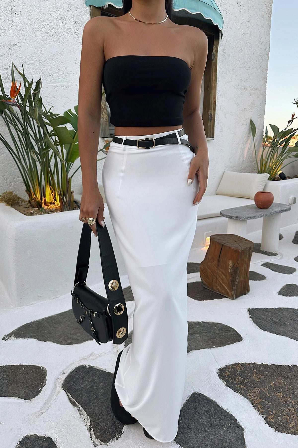 Off-Shoulder Black/White Bottom Top Set for Women