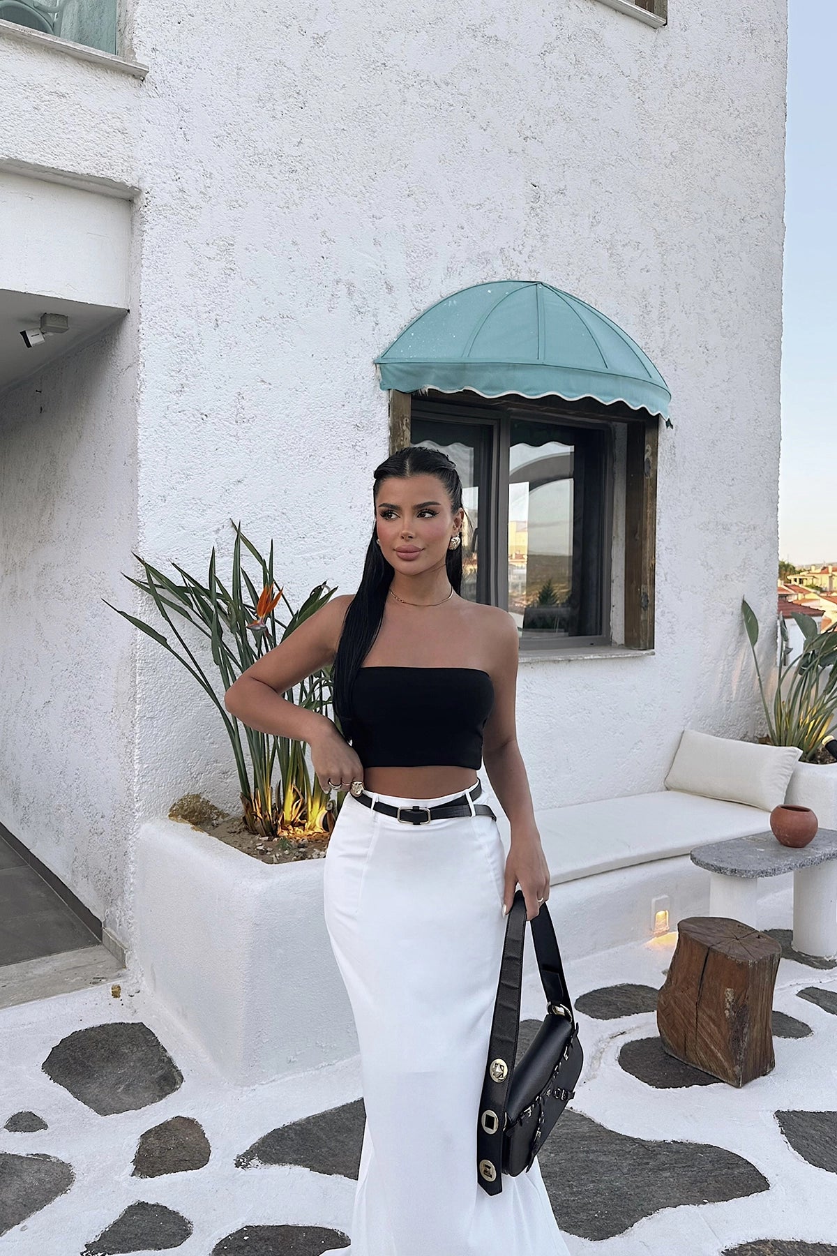 Off-Shoulder Black/White Bottom Top Set for Women