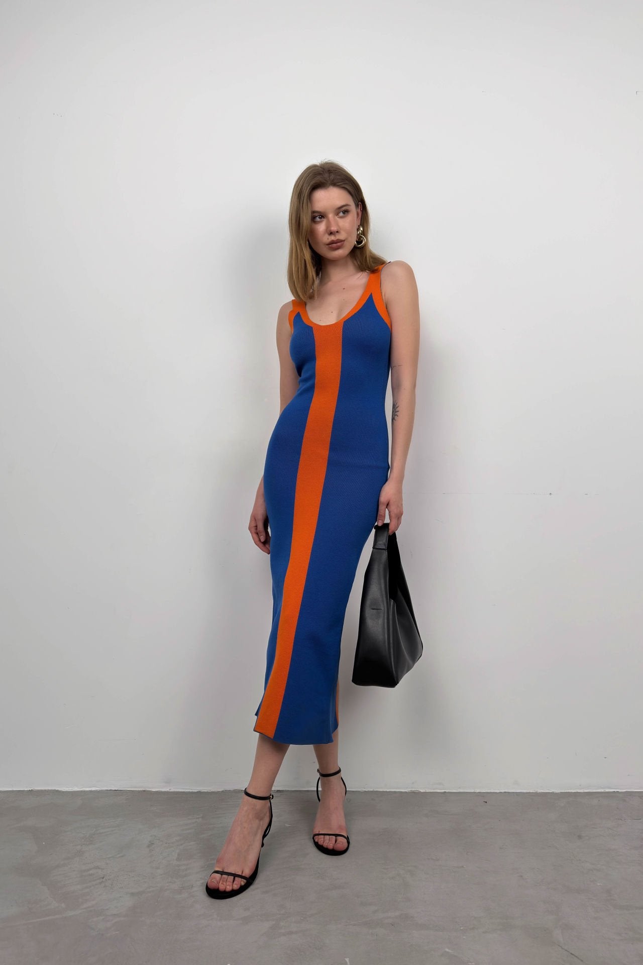 Slit Detailed Saks/Orange Midi Dress