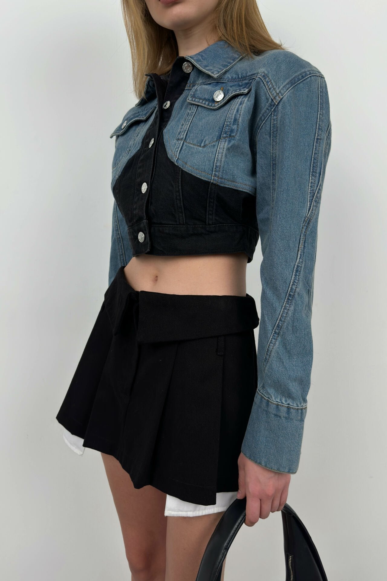 Double Collar Cropped Blue Black Denim Jacket for Women