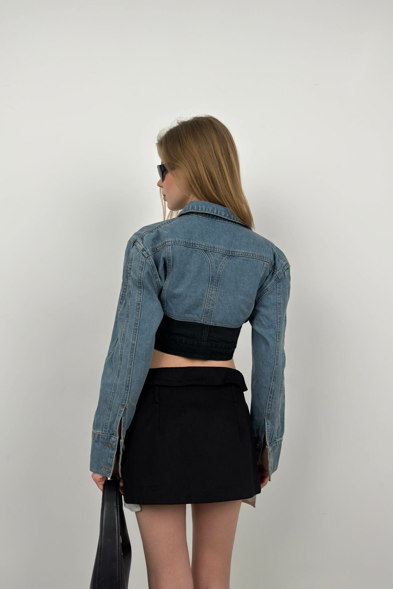 Double Collar Cropped Blue Black Denim Jacket for Women