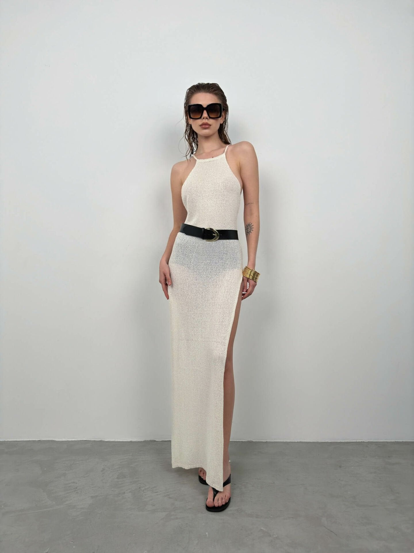 Slit Textured Ecru Maxi Pareo