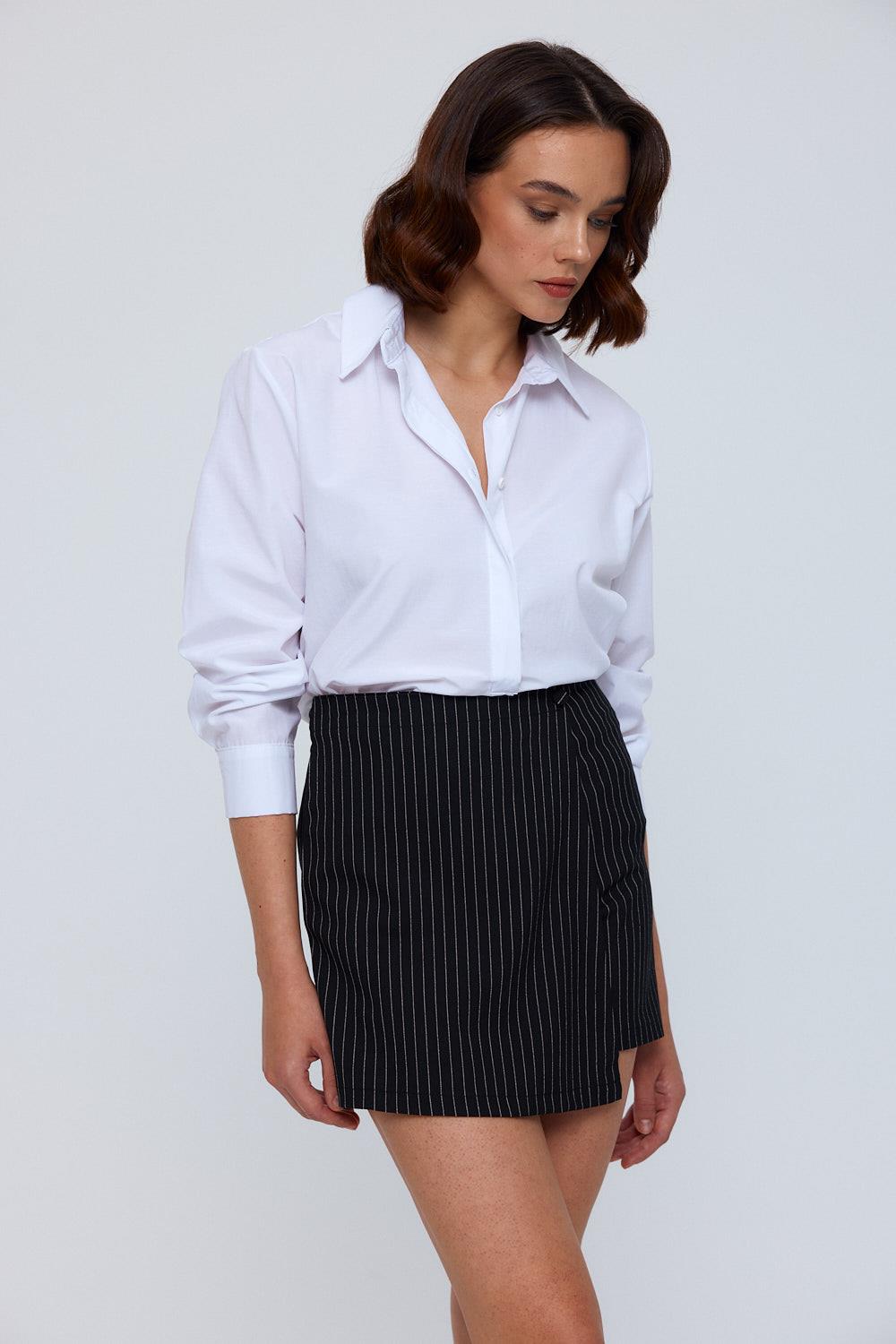 Striped Detailed Asymmetrical Black Mini Shorts Skirt