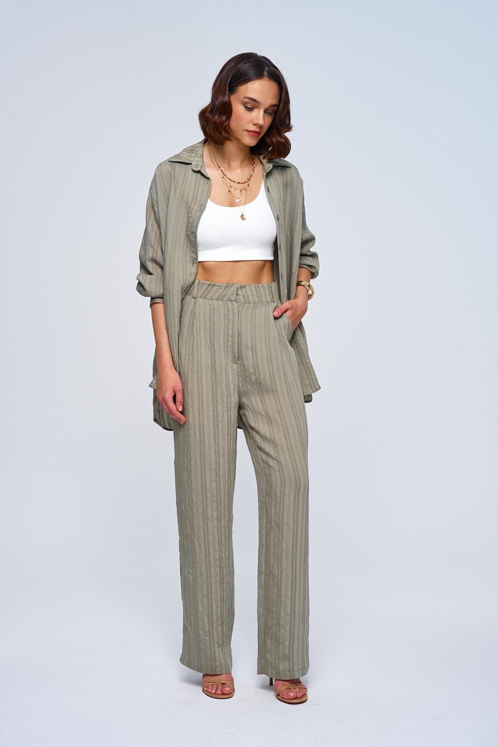 Striped Khaki Trousers Suit for Women