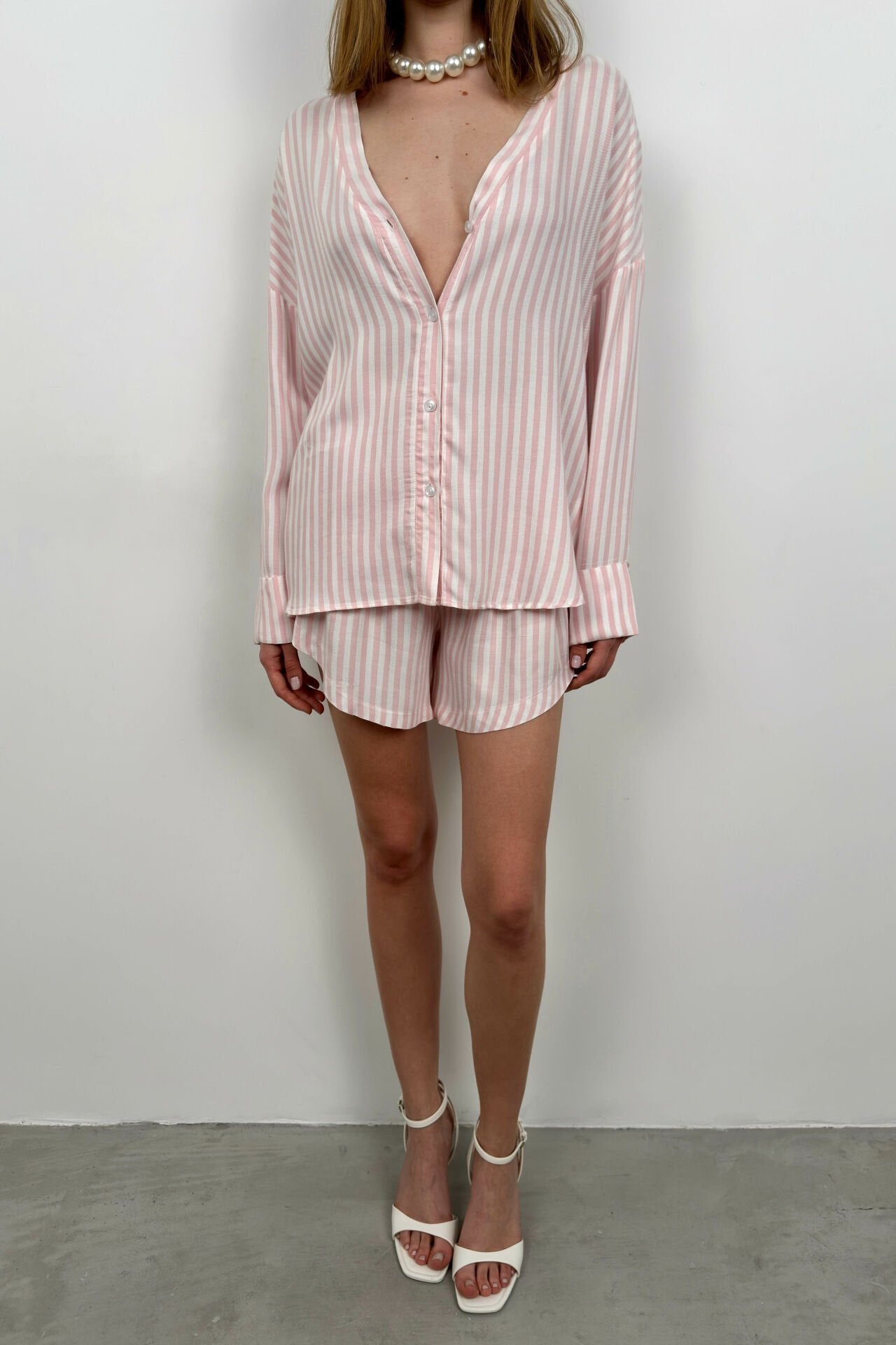 Striped Shirt Pink Shorts Set