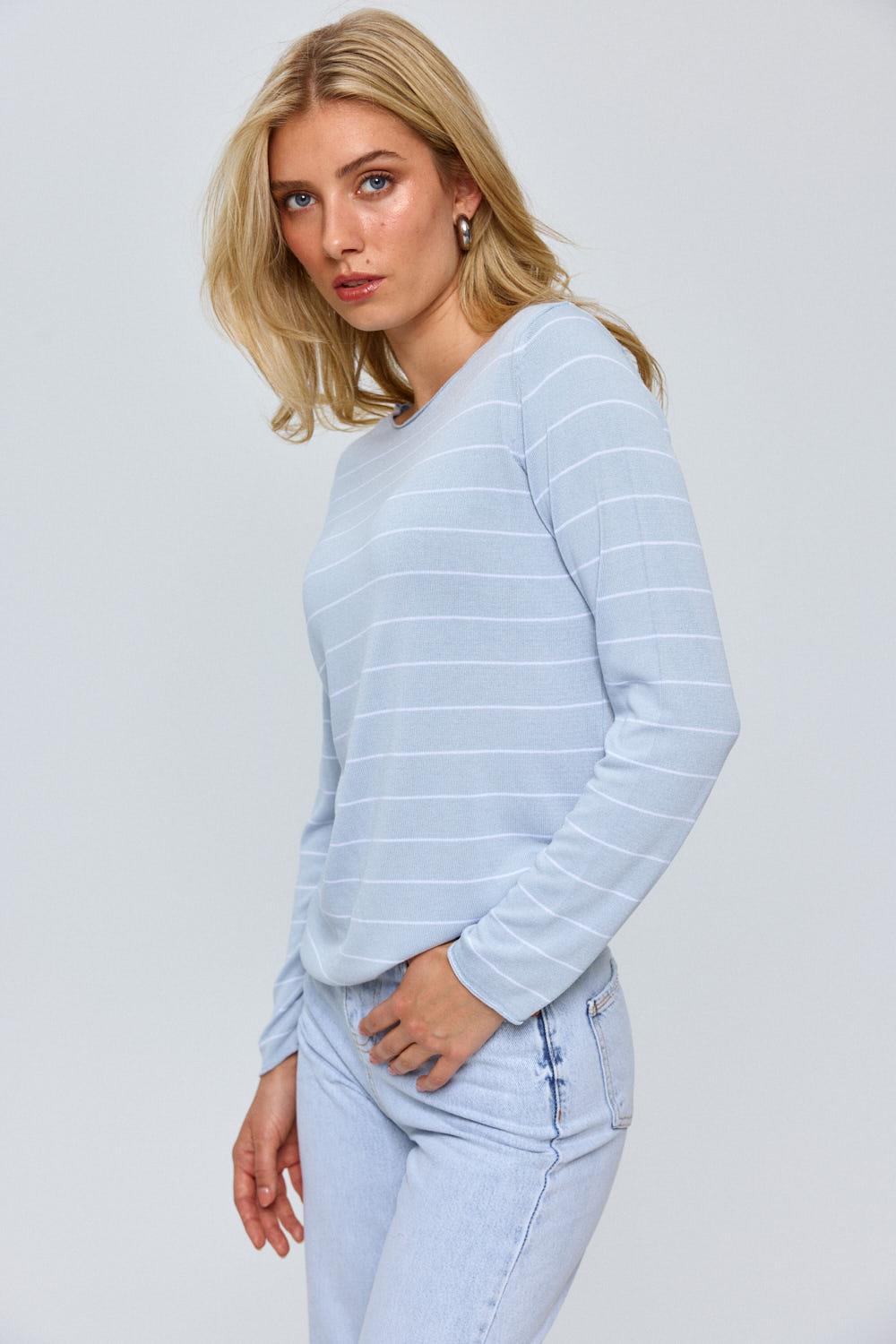 Striped Thin Mercerized Blue Knitwear Blouse for Women