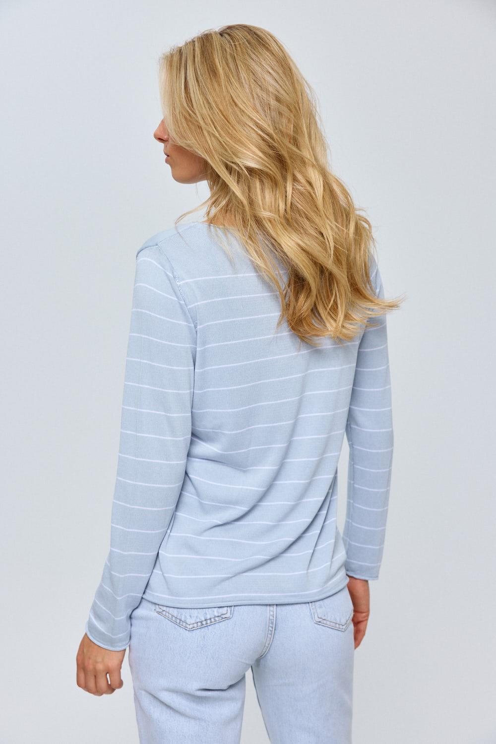 Striped Thin Mercerized Blue Knitwear Blouse for Women