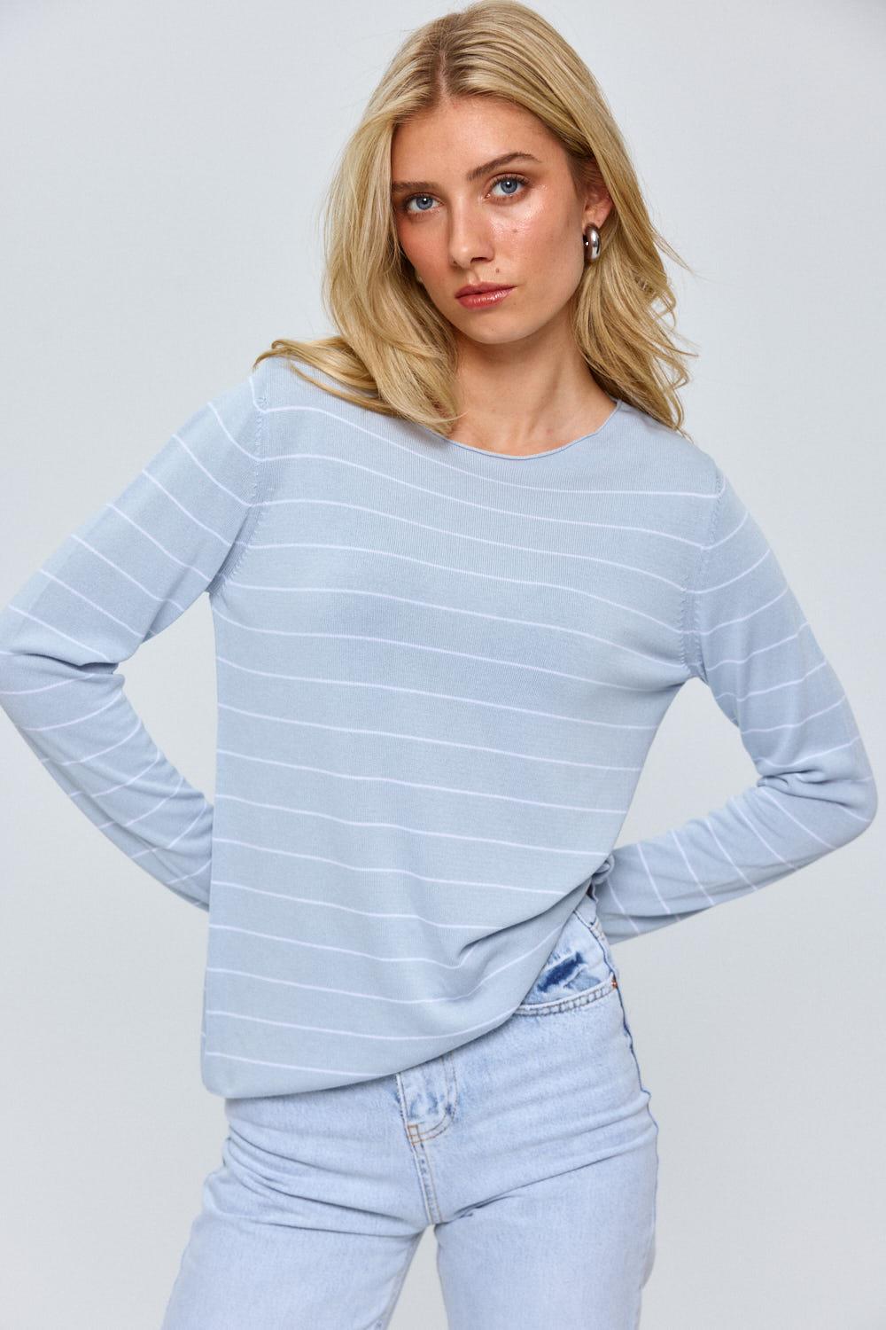 Striped Thin Mercerized Blue Knitwear Blouse for Women