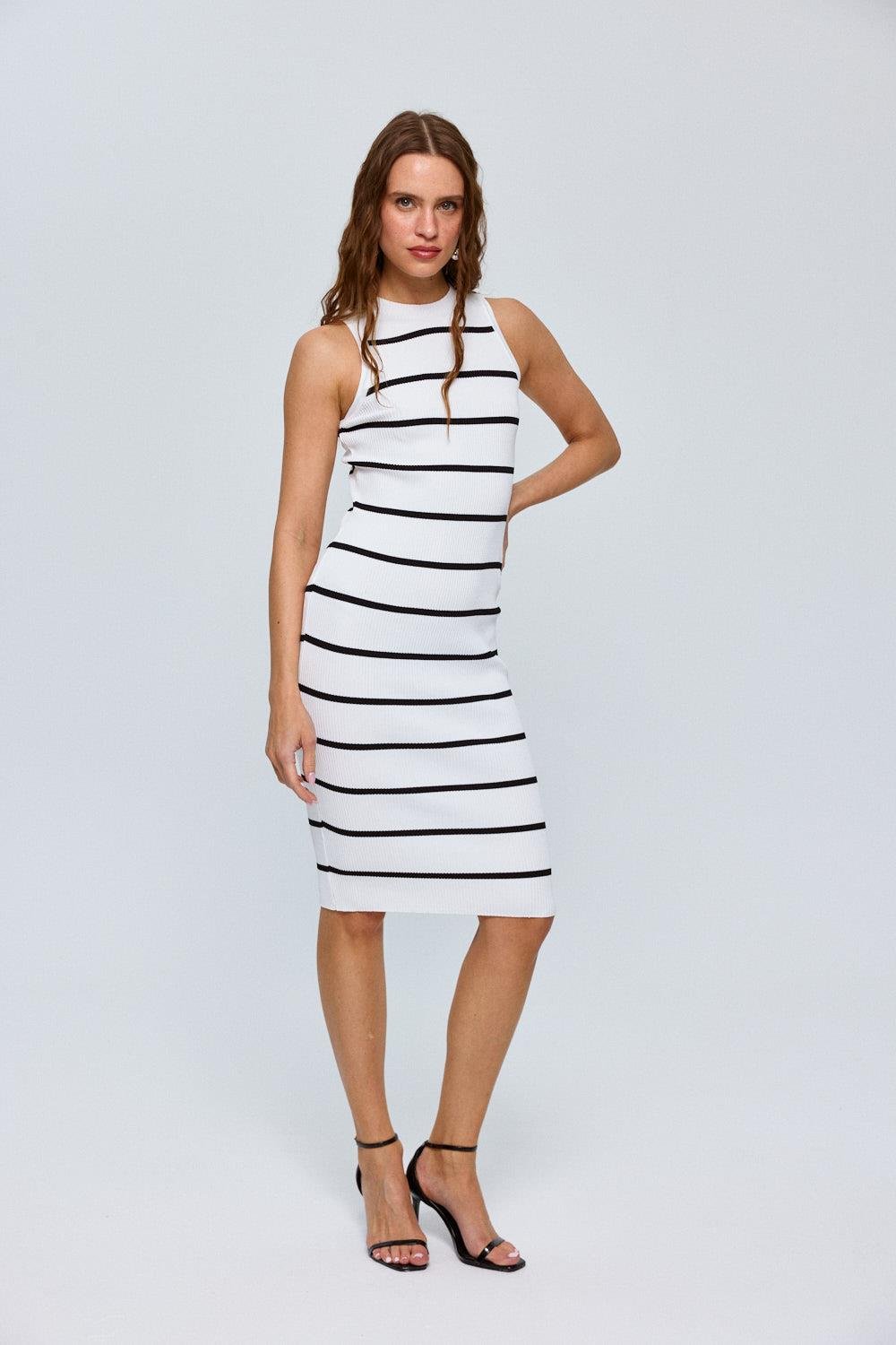 Striped Detailed Sleeveless White Midi Knitwear Dress