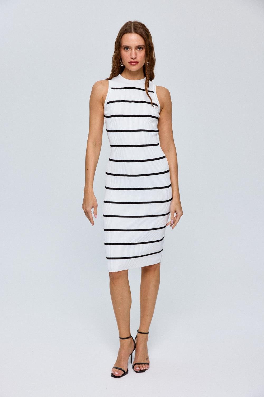 Striped Detailed Sleeveless White Midi Knitwear Dress