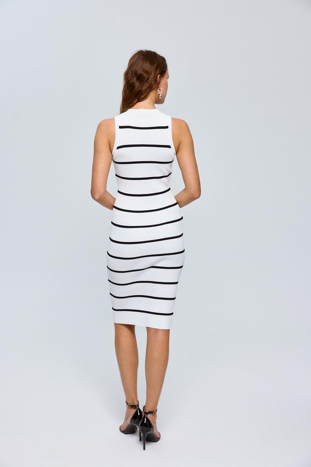 Striped Detailed Sleeveless White Midi Knitwear Dress