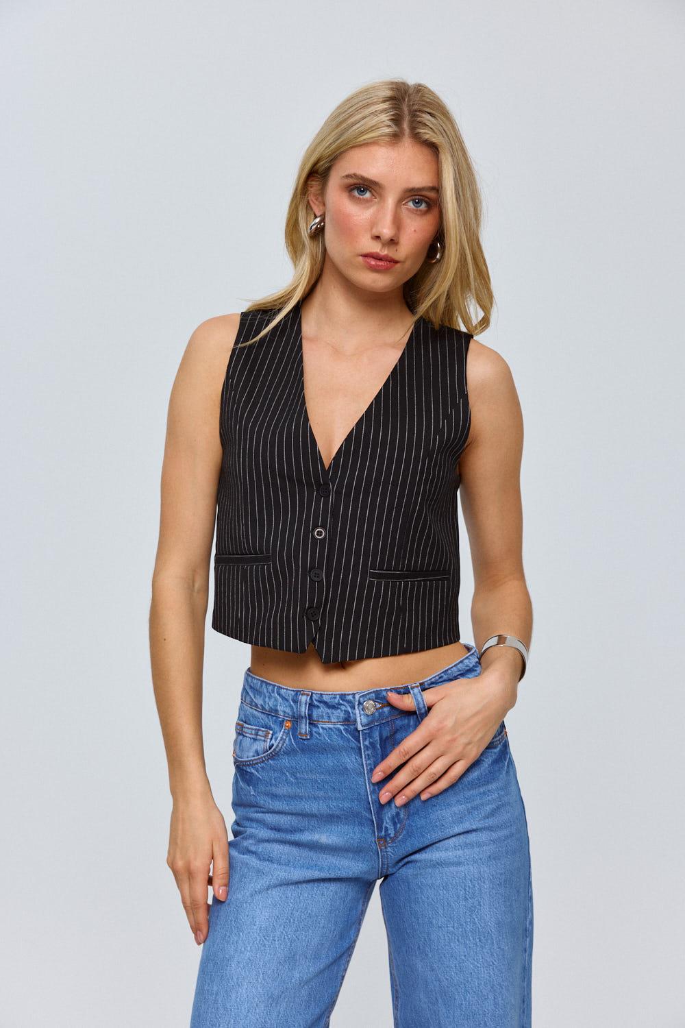 Button-Front Striped Detailed Black Vest for Women