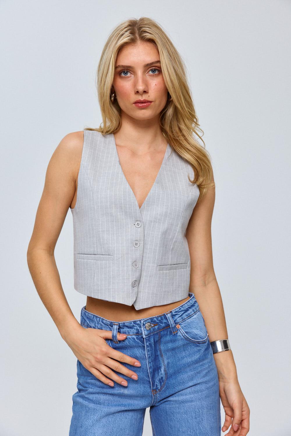 Striped Detailed V-Necklined Gray Vest for Women