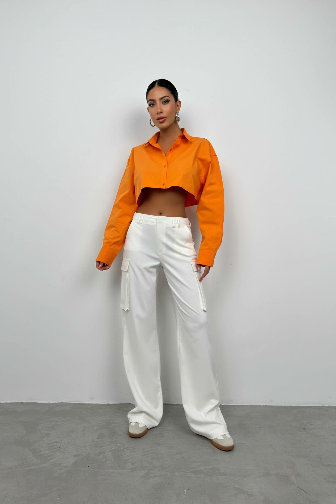 Cropped Double-Breasted Collar Orange Crop Top