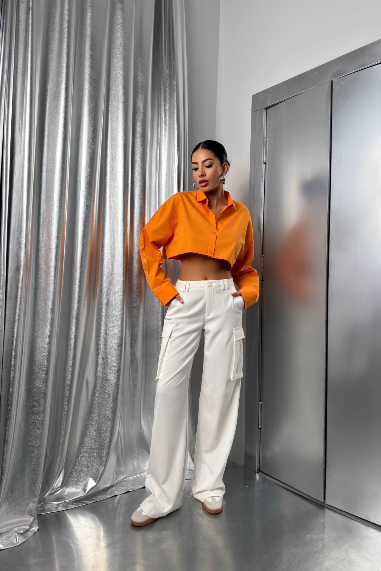 Cropped Double-Breasted Collar Orange Crop Top