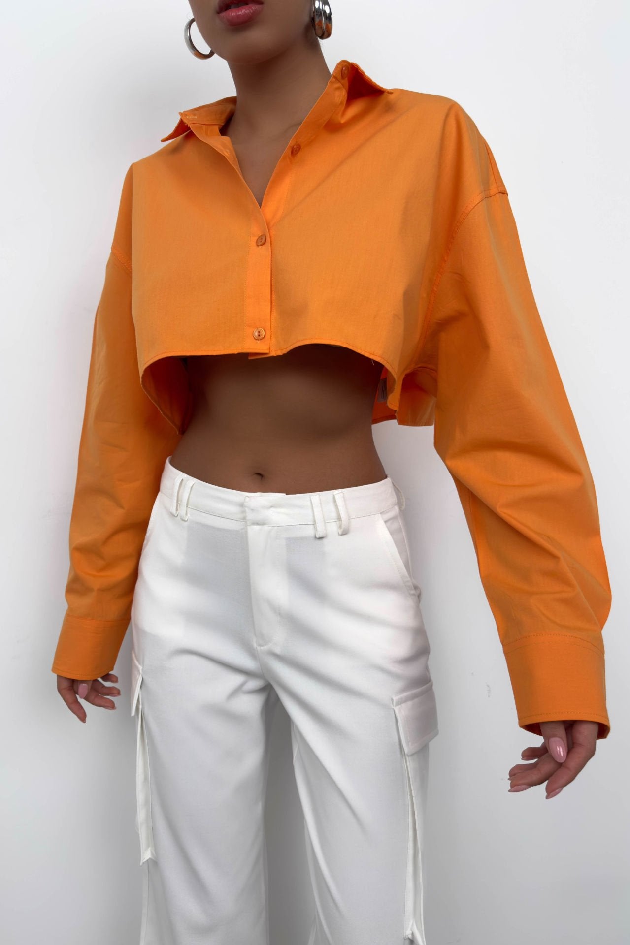 Cropped Double-Breasted Collar Orange Crop Top