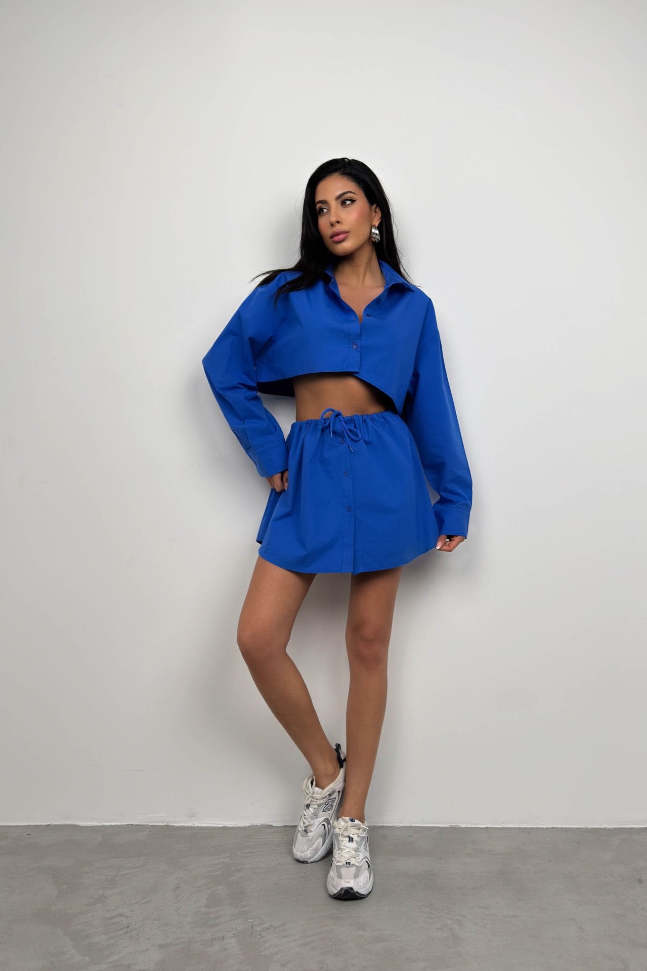 Oversized Blue Crop Top with Double-Breasted Collar