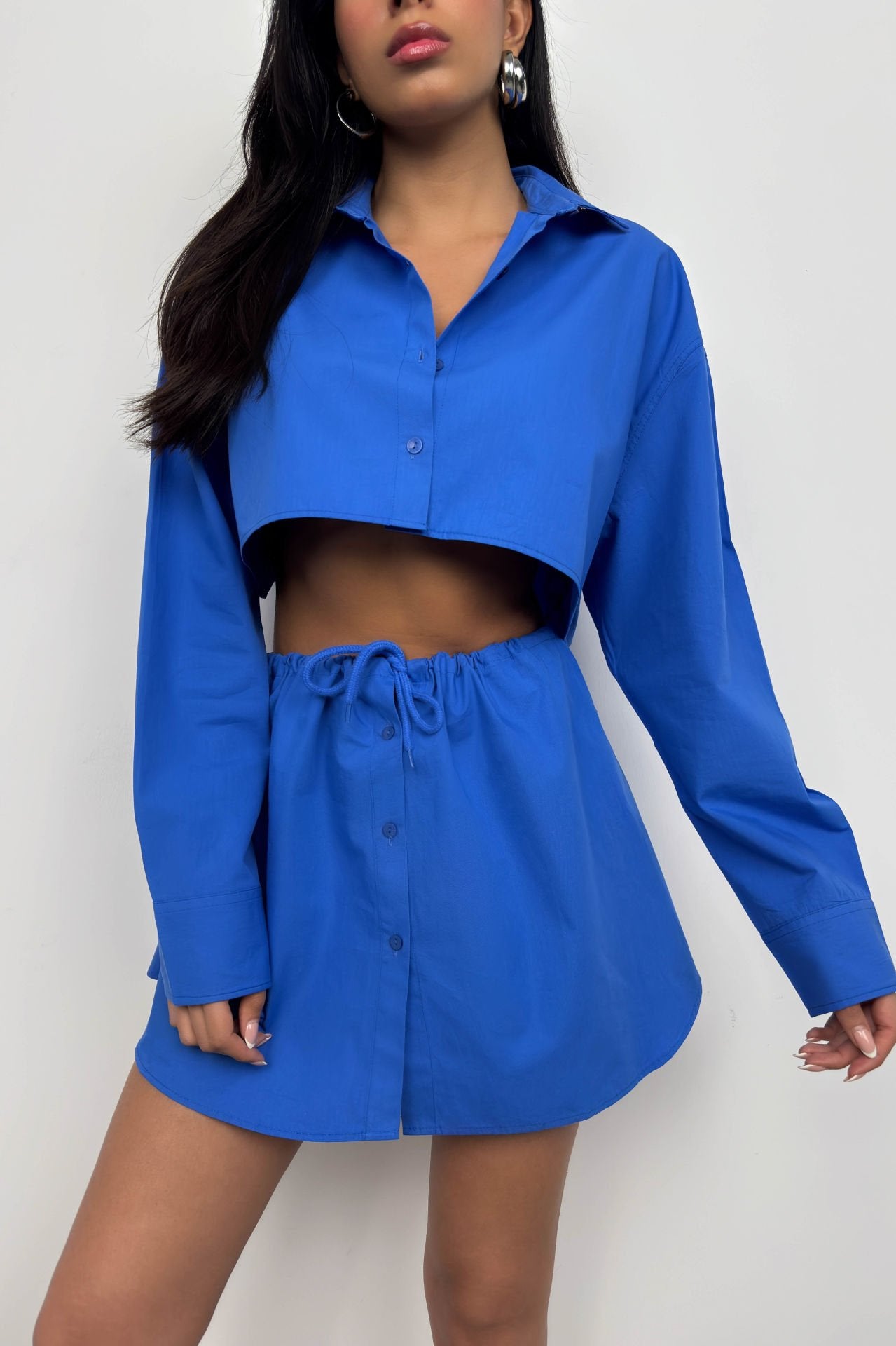 Oversized Blue Crop Top with Double-Breasted Collar